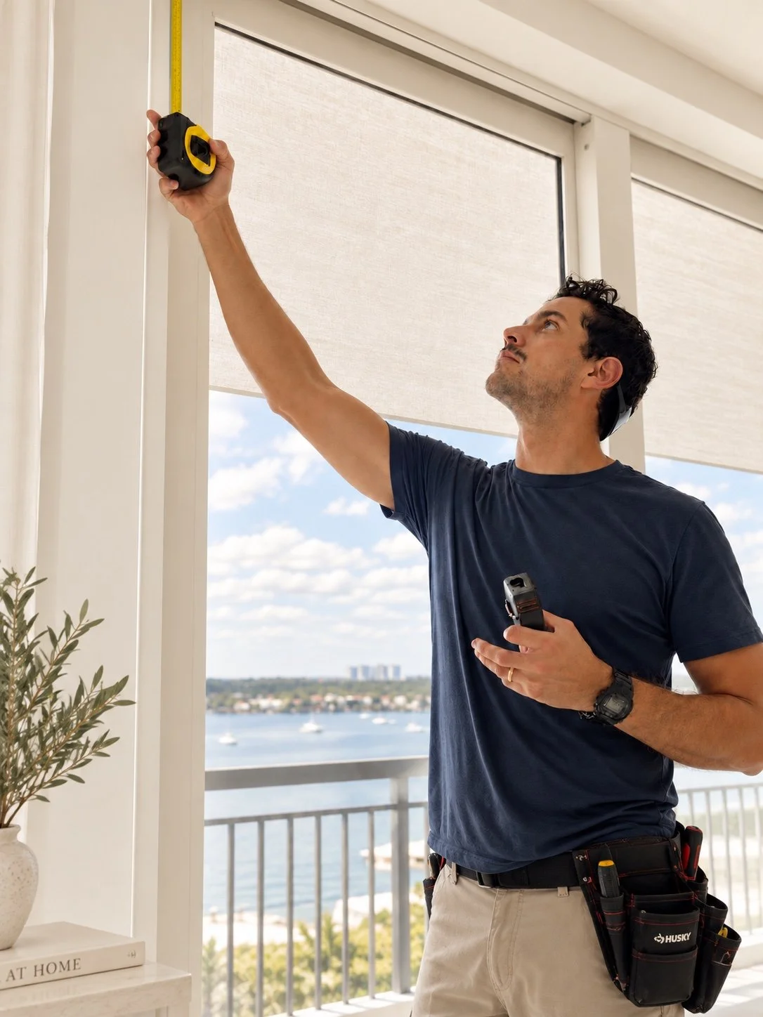Joe professionally measuring a window beside roller shades for a custom window-treatment installation