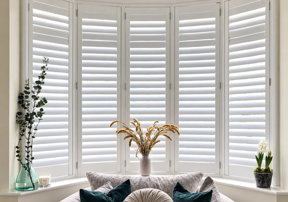 White plantation shutters following the angles of a bay window above a window seat