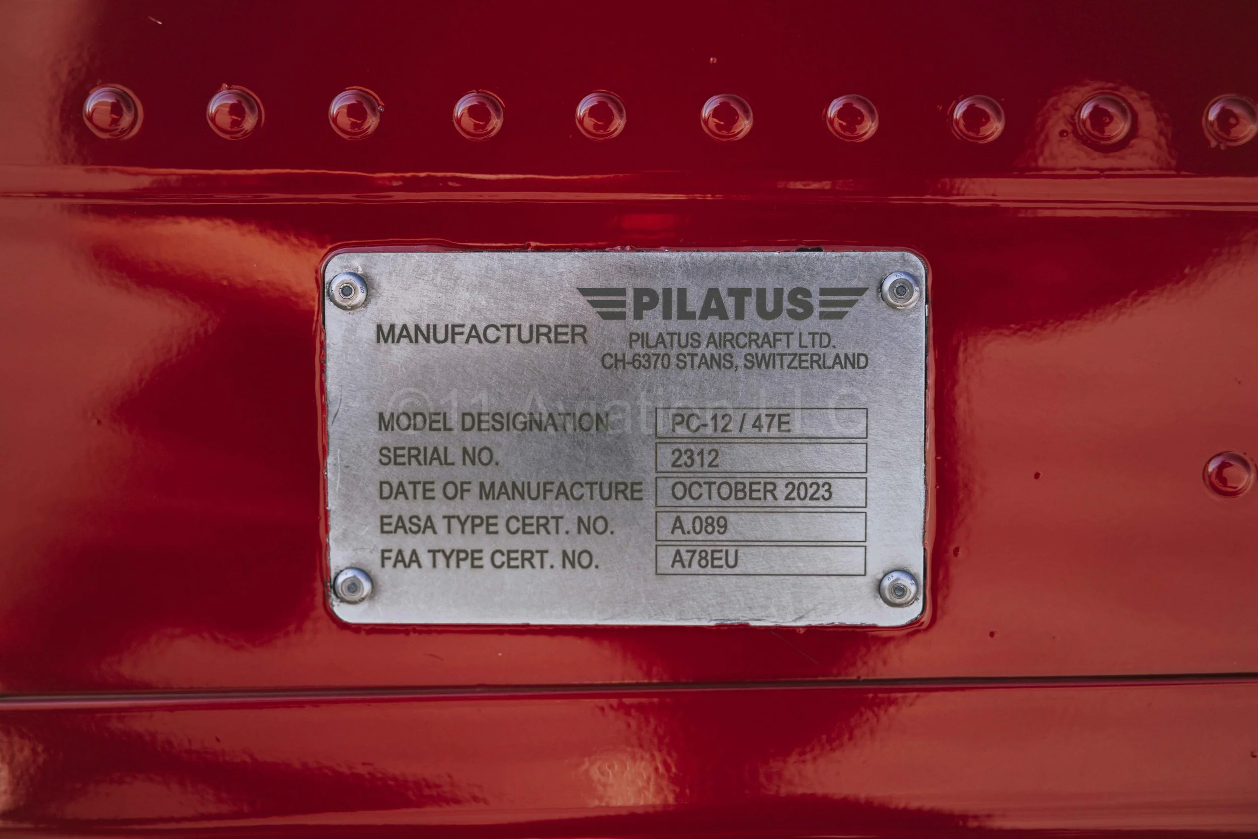 2023 Pilatus PC-12 NGX. Manufacturer plate.