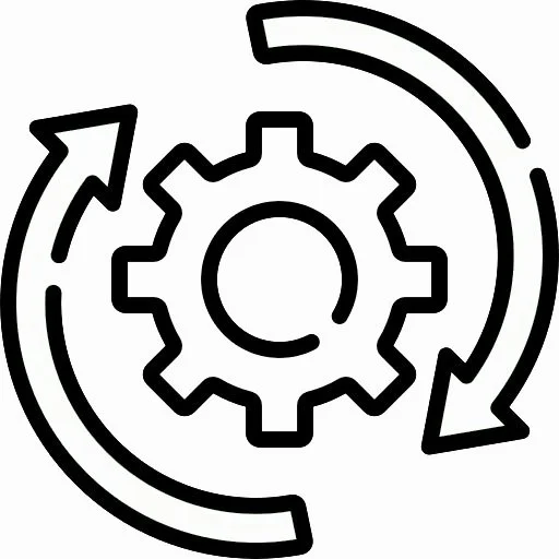 Line art icon of a gear with two circular arrows around it, indicating settings or process refresh.