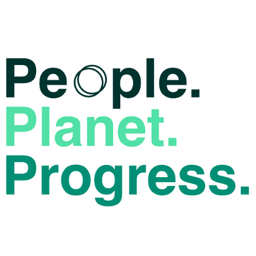 Text reading "People. Planet. Progress." in dark green and light green fonts.