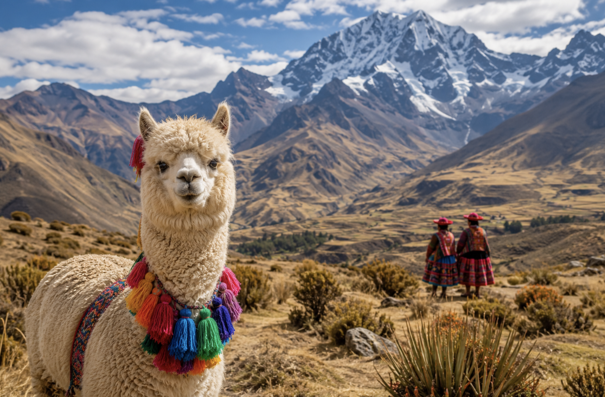 Alpaca in Andes with traditionally dressed Peruvian women in the background