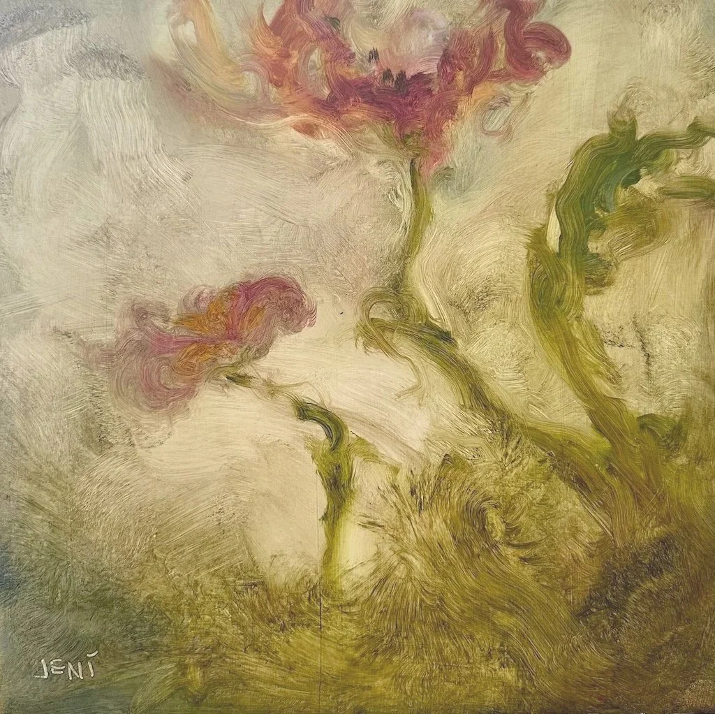 Red Dandy Mums - Oil on panel 10" x 10"