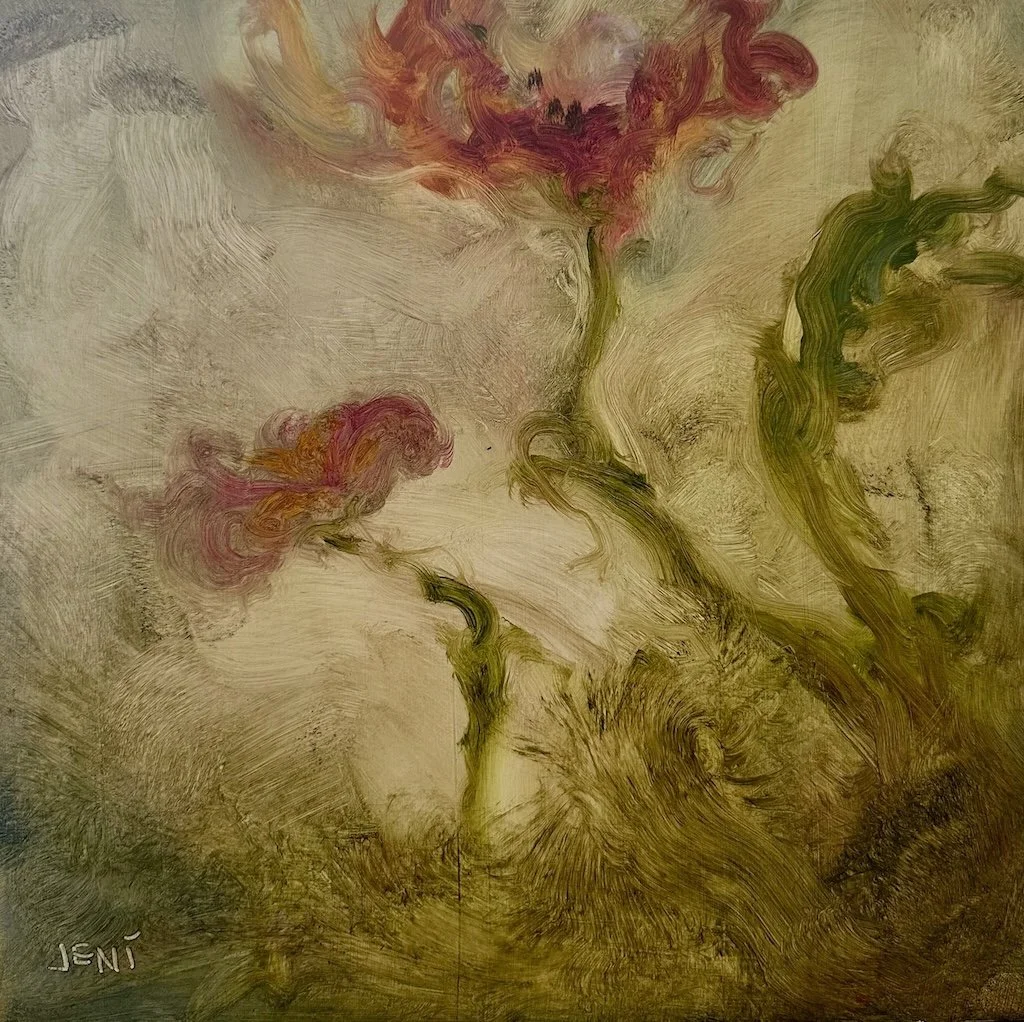 Red Dandy Mums - Oil on panel 10" x 10" Sold