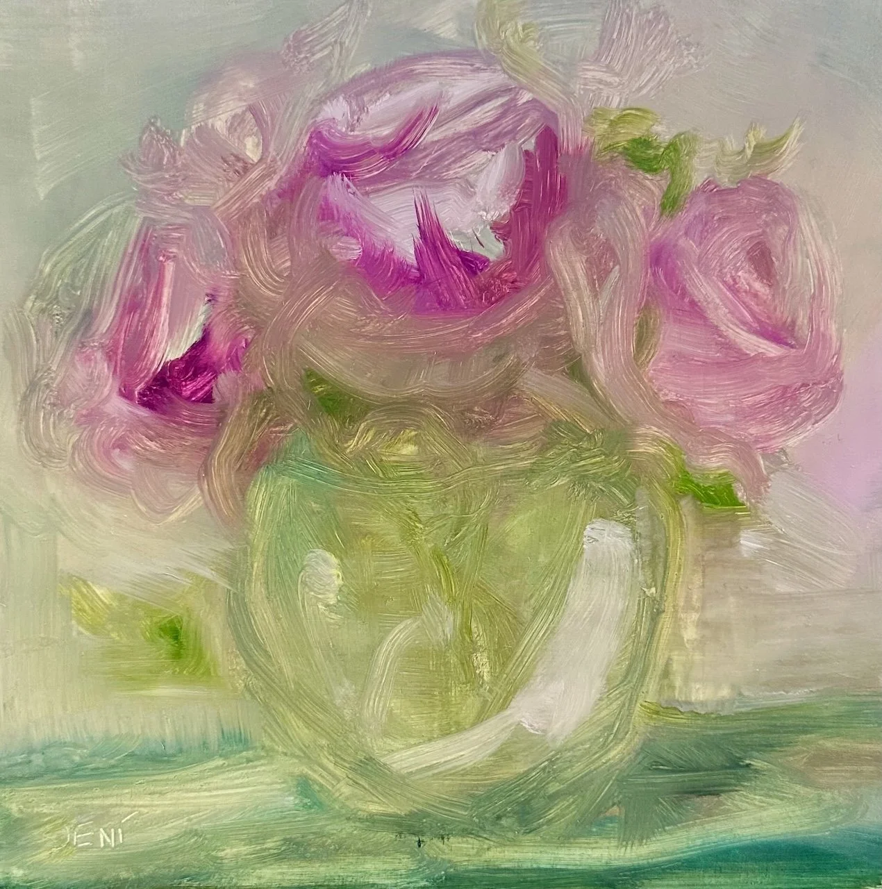Angle Cheeks, Pink Peonies - Oil on panel - 8x8IN