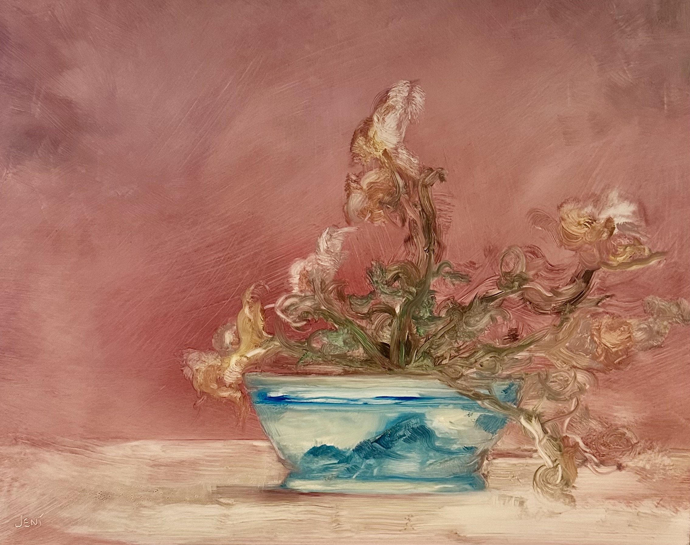 Flowers In A Blue And White Vase - Oil on MDF panel 14" x 18"