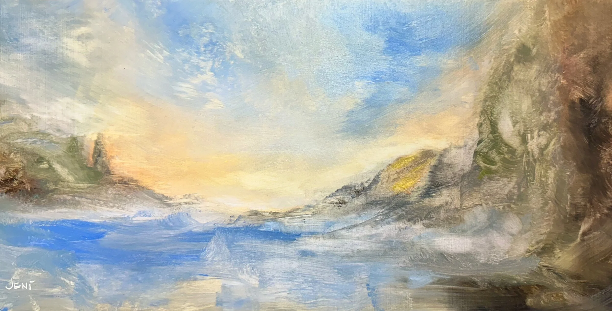 Winding River - oil on wood canvas - 8x16IN