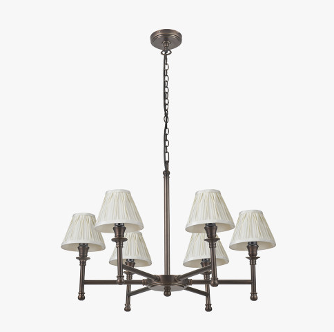 Antique Bronze 6 Arm Pendant with Cream Silk Lampshades