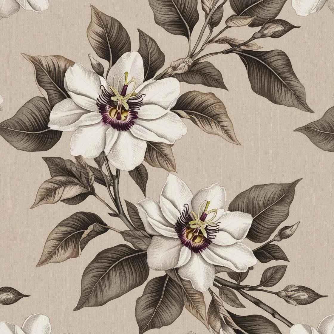 Illustration of large white flowers with dark centers and green leaves on a beige background.