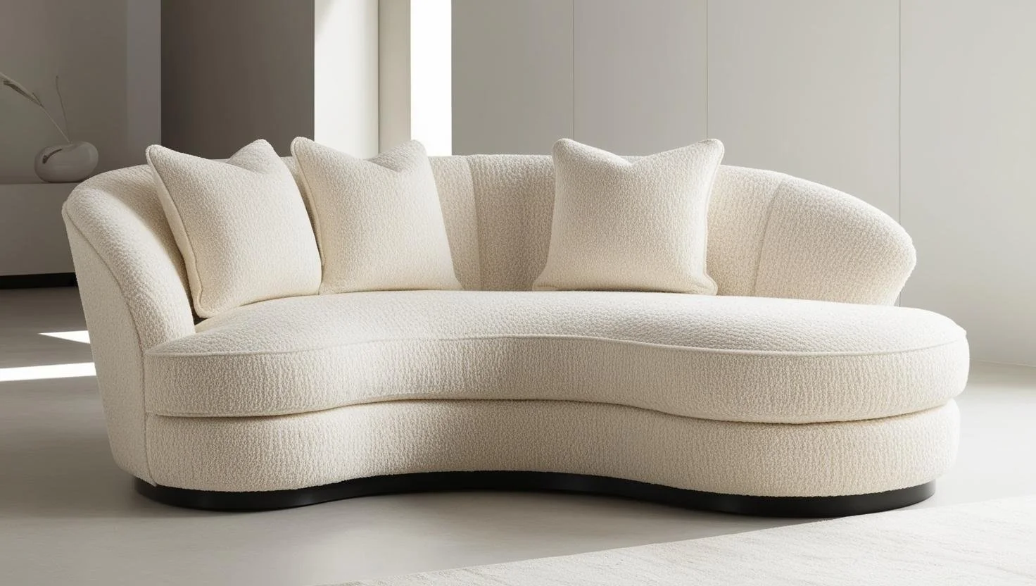Curved cream upholstered sofa with four matching pillows in a modern living room setting.