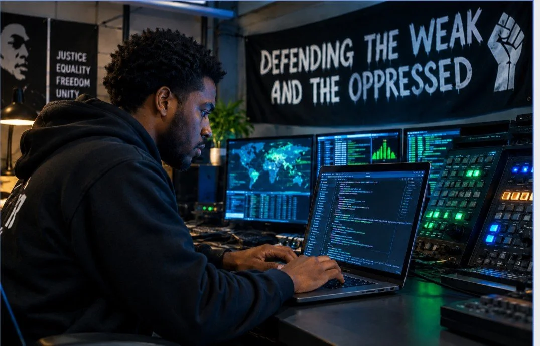 A person working on a laptop surrounded by multiple monitors displaying world maps, graphs, and code, with a banner saying 'Defending the weak and the oppressed' and a poster with words like justice, equality, freedom, and unity.