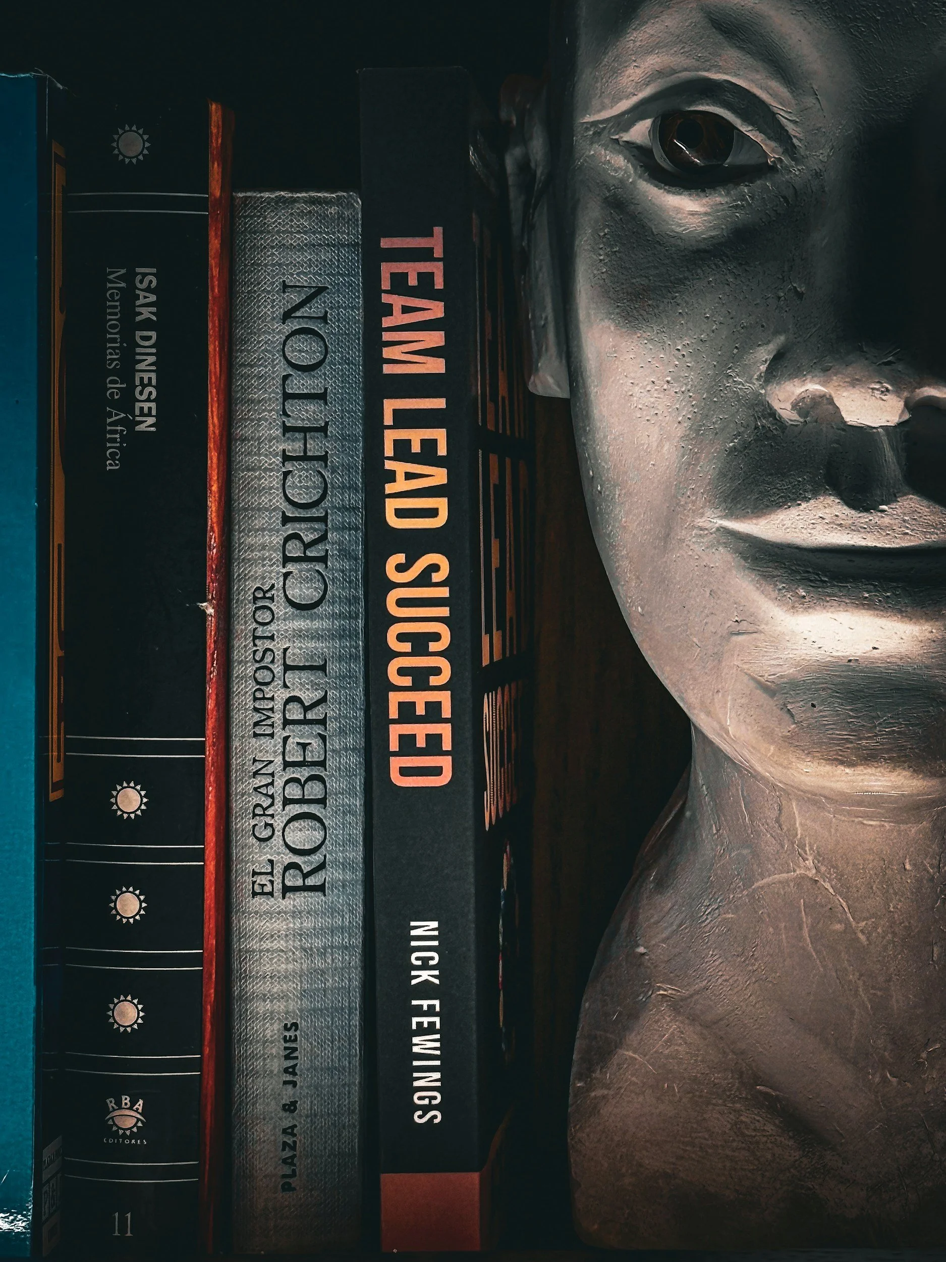 A close-up photo of a row of books on a bookshelf, with titles including 'Lake Dispens, Memories of Africa,' 'El Gran Sobor', 'The Watchdog' and 'Schön in Nigk Fenn'. Next to the books, part of a metallic sculpture of a human face is visible, showing the eye, nose, and part of the lips.