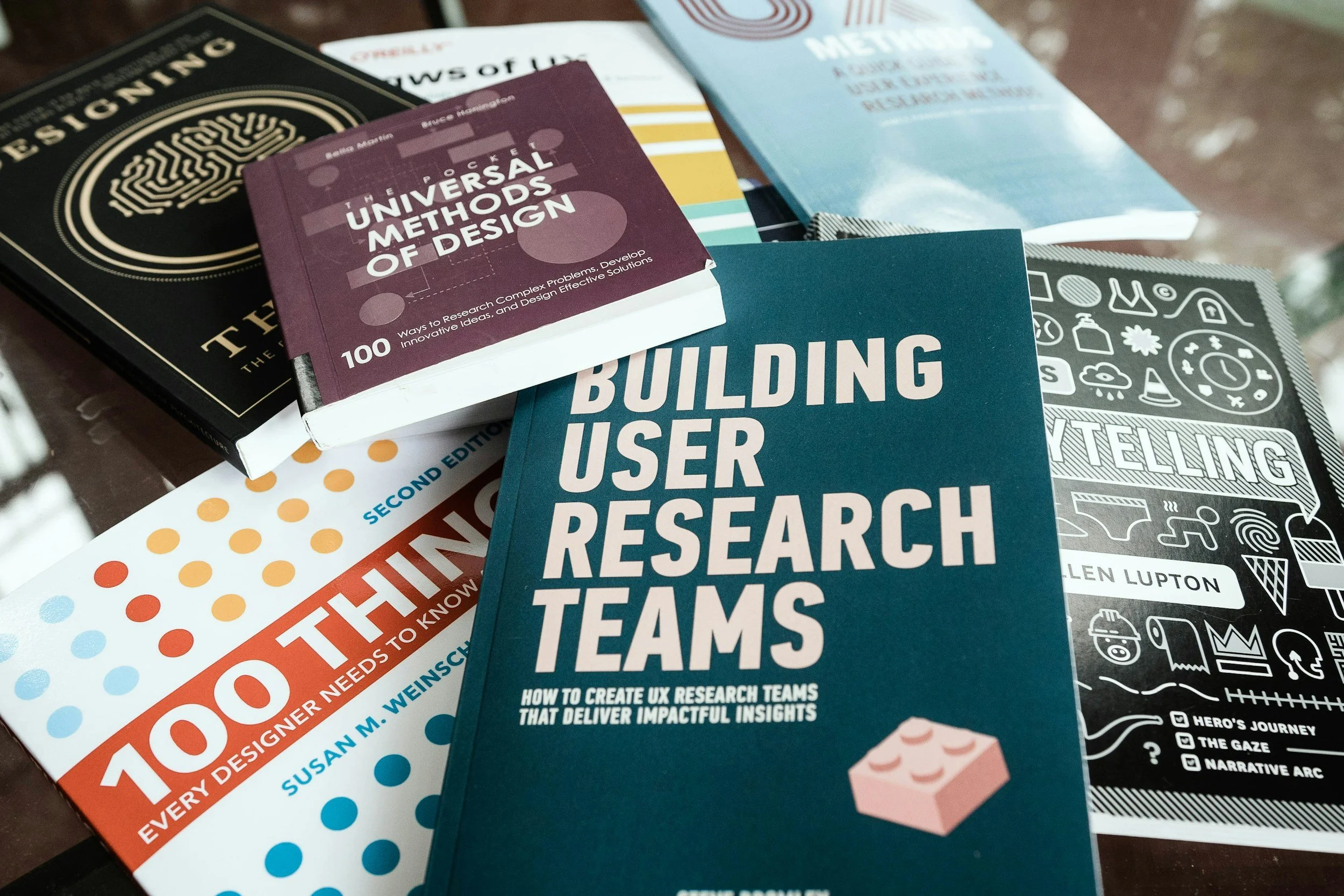 A collection of books on research, design, and UX, with titles including "The Universal Methods of Design," "Building User Research Teams," and others, arranged on a table.