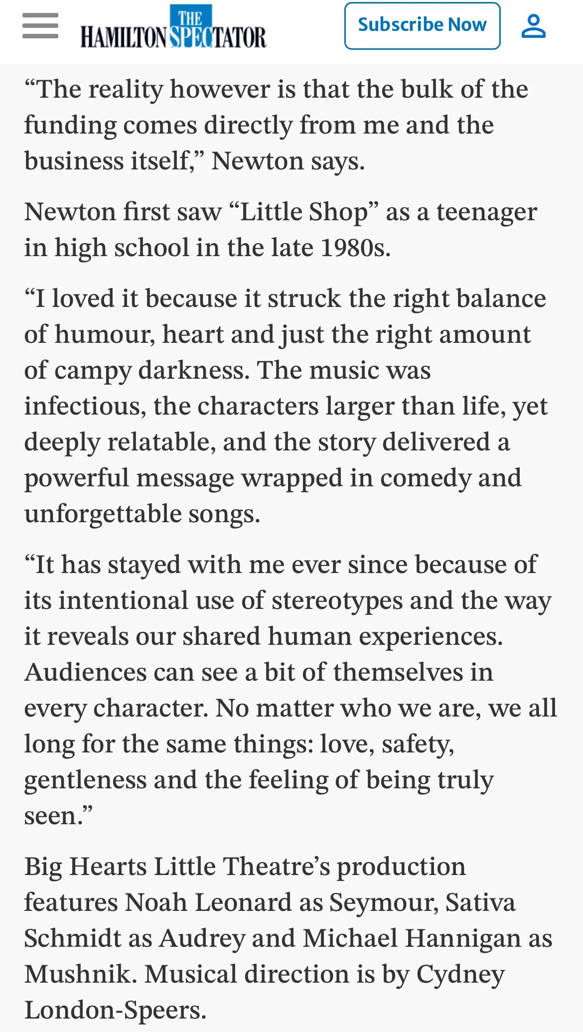 Screenshot of a webpage from The Hamilton Spectator with an article about the musical "Little Shop of Horrors."