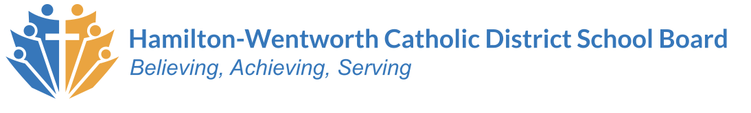 Logo for Hamilton-Wentworth Catholic District School Board featuring stylized figures and a cross, with the tagline "Believing, Achieving, Serving."