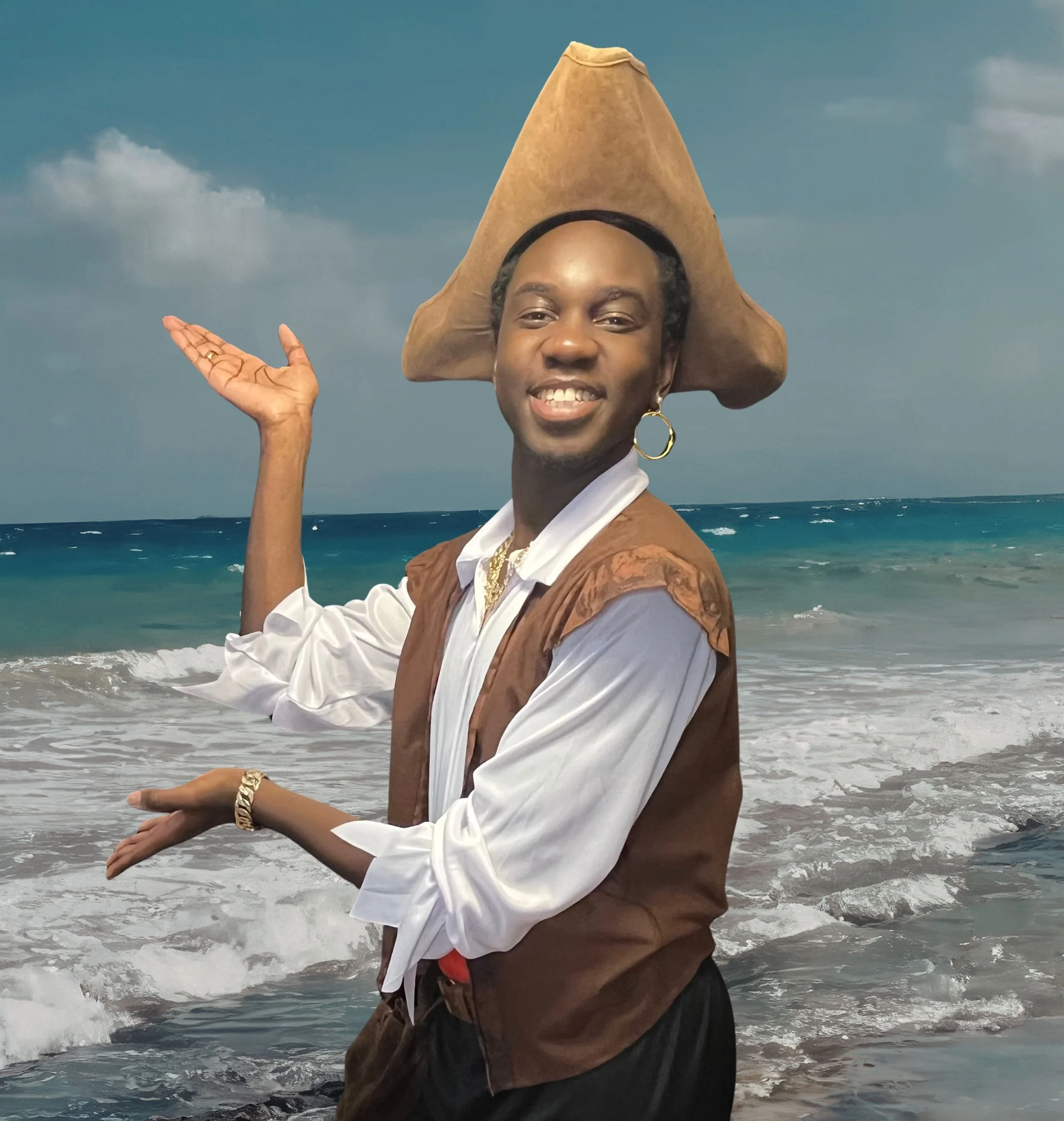 Person in pirate costume standing in the ocean, with a sky with some clouds in the background.