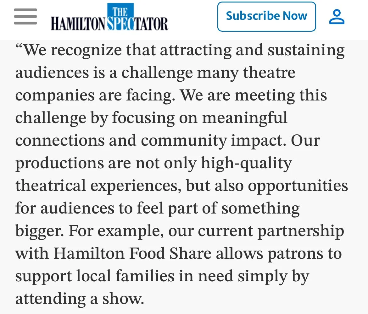 Screenshot of a webpage from The Hamilton Spectator featuring a quote about attracting audiences through meaningful connections and community impact, mentioning a partnership with Hamilton Food Share.