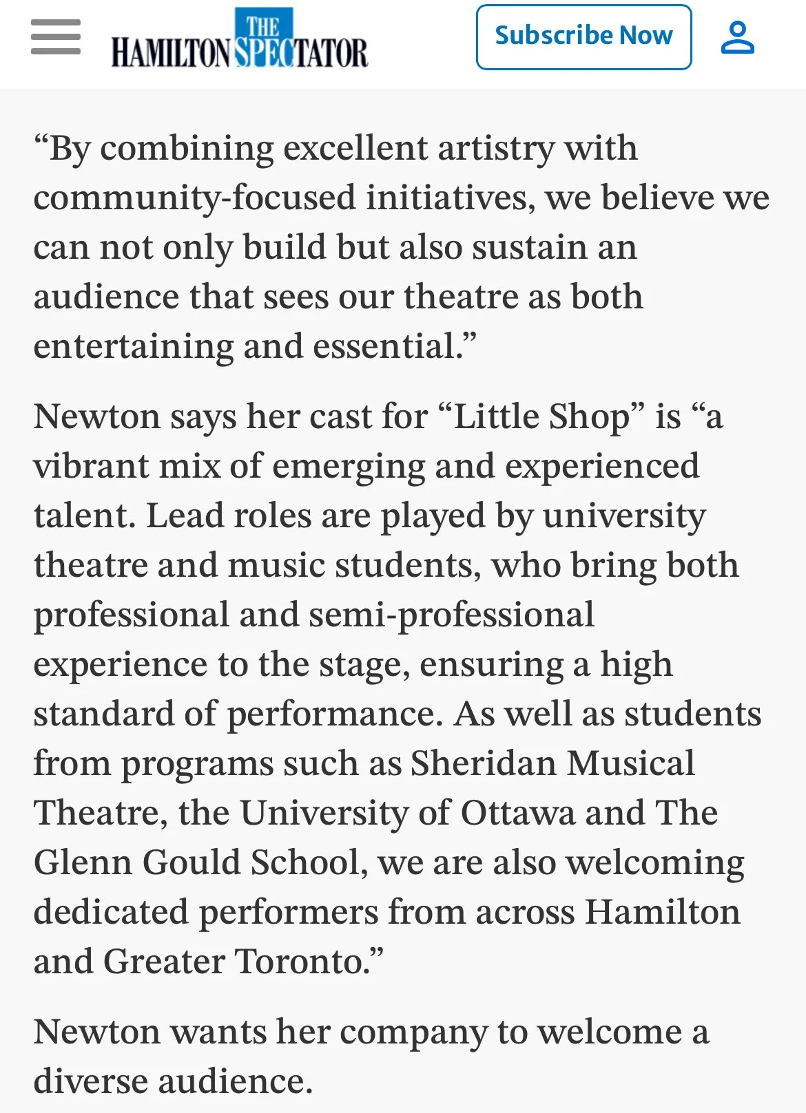 Screenshot of an article from The Hamilton Spectator discussing community theater and mentioning Newton's cast for Little Shop, comprising university theatre and music students from Sheridan, Ottawa, and Hamilton.