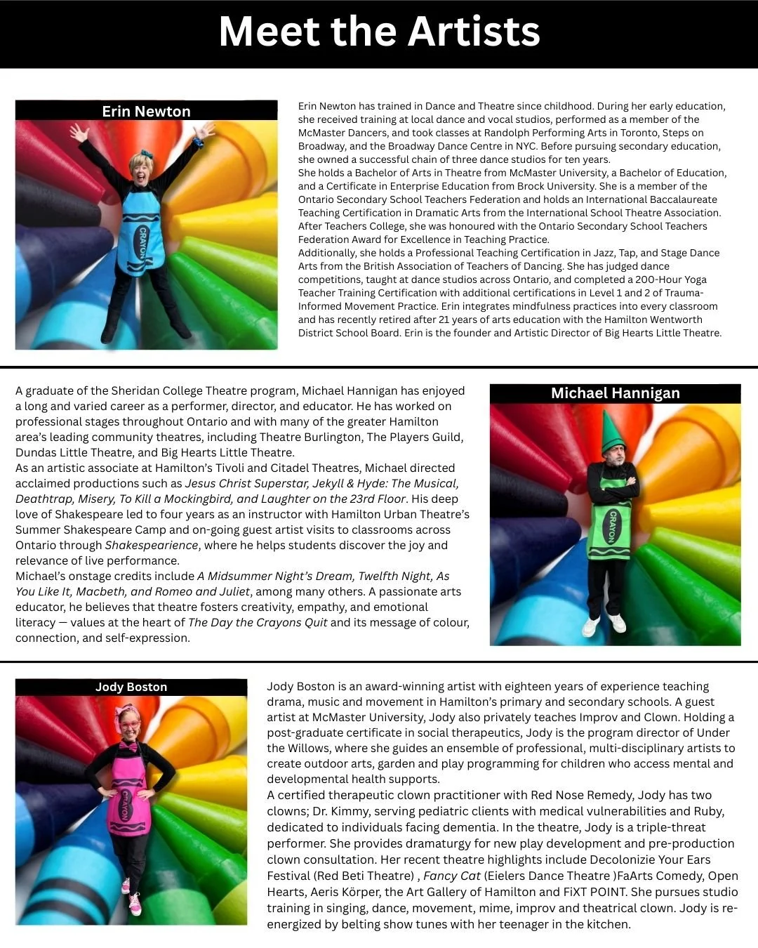 Meet the Artists: Erin Newton, Michael Hannigan, and Jody Boston, with colorful crayon background images.
