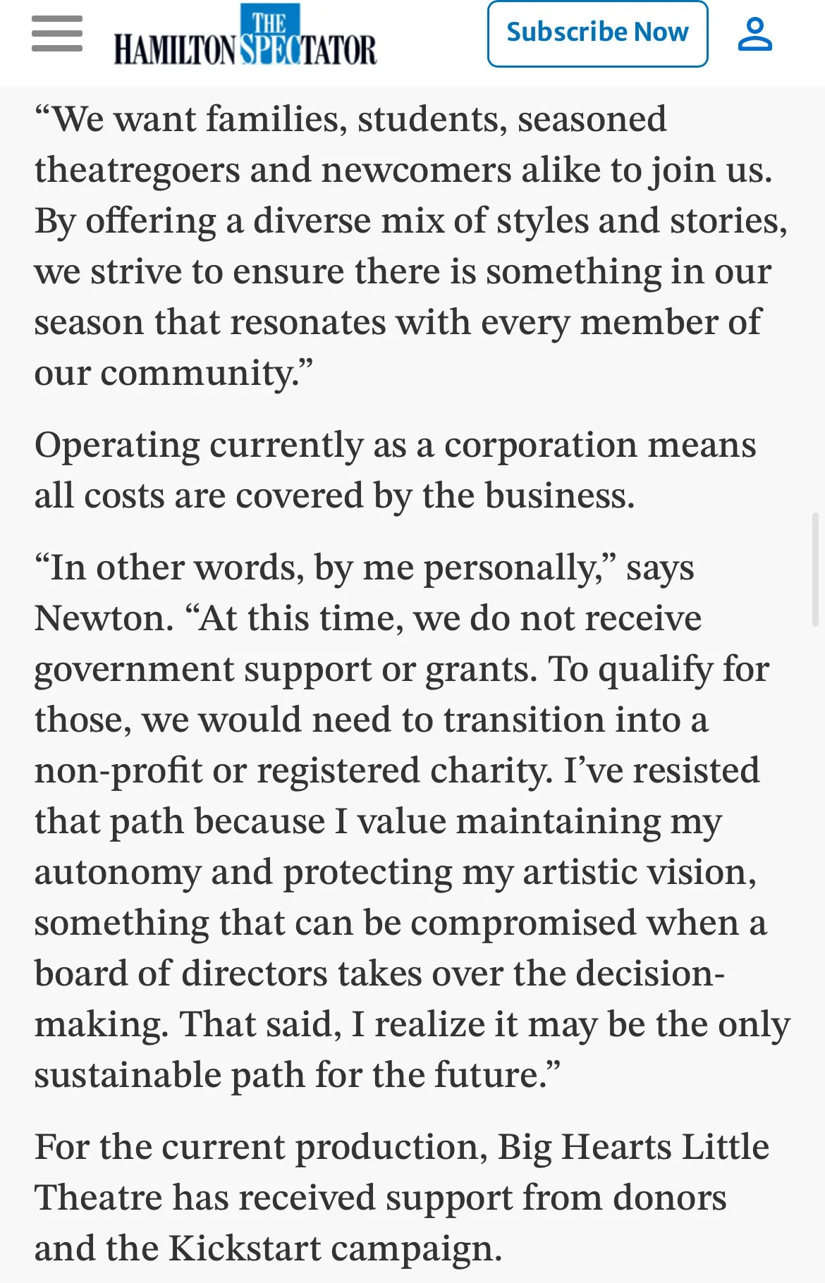 Screenshot of an article from The Hamilton Spectator discussing community support for a local theater, including quotes from Newton about operating costs, lack of government support, and the importance of maintaining artistic vision.