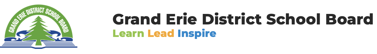 Logo of the Grand Erie District School Board featuring a pine tree, water, and a blue border with green text