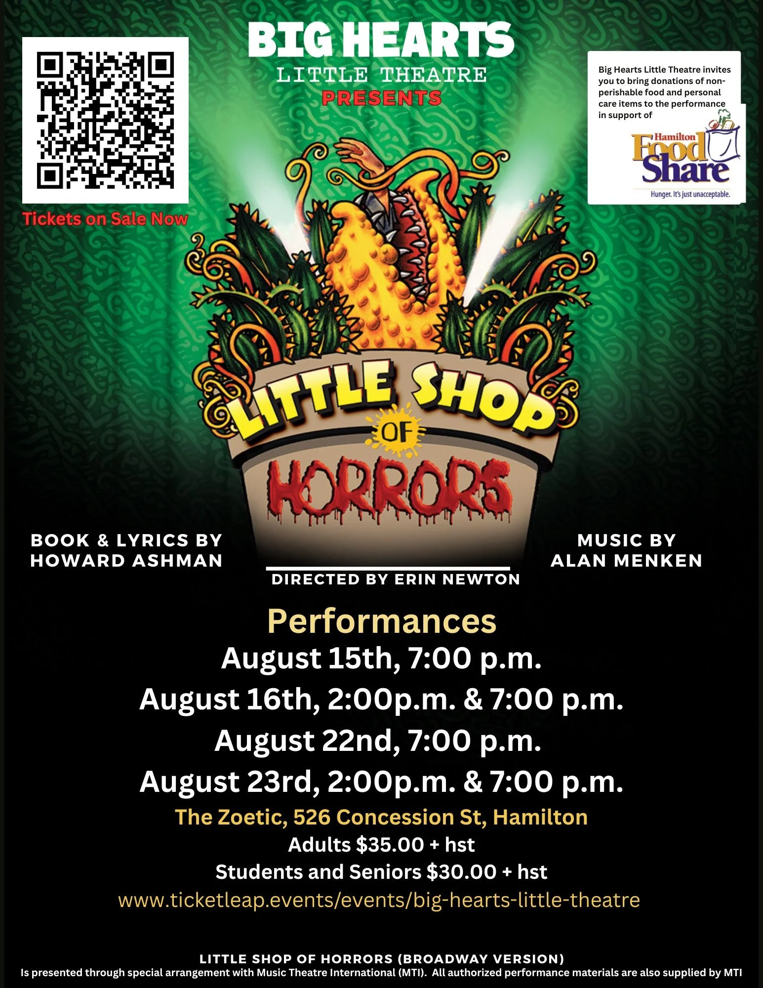 Promotional poster for Big Hearts Little Theatre's production of Little Shop of Horrors, featuring a colorful, comic-style illustration of the plant with a monster on top, with performance dates and venue details.