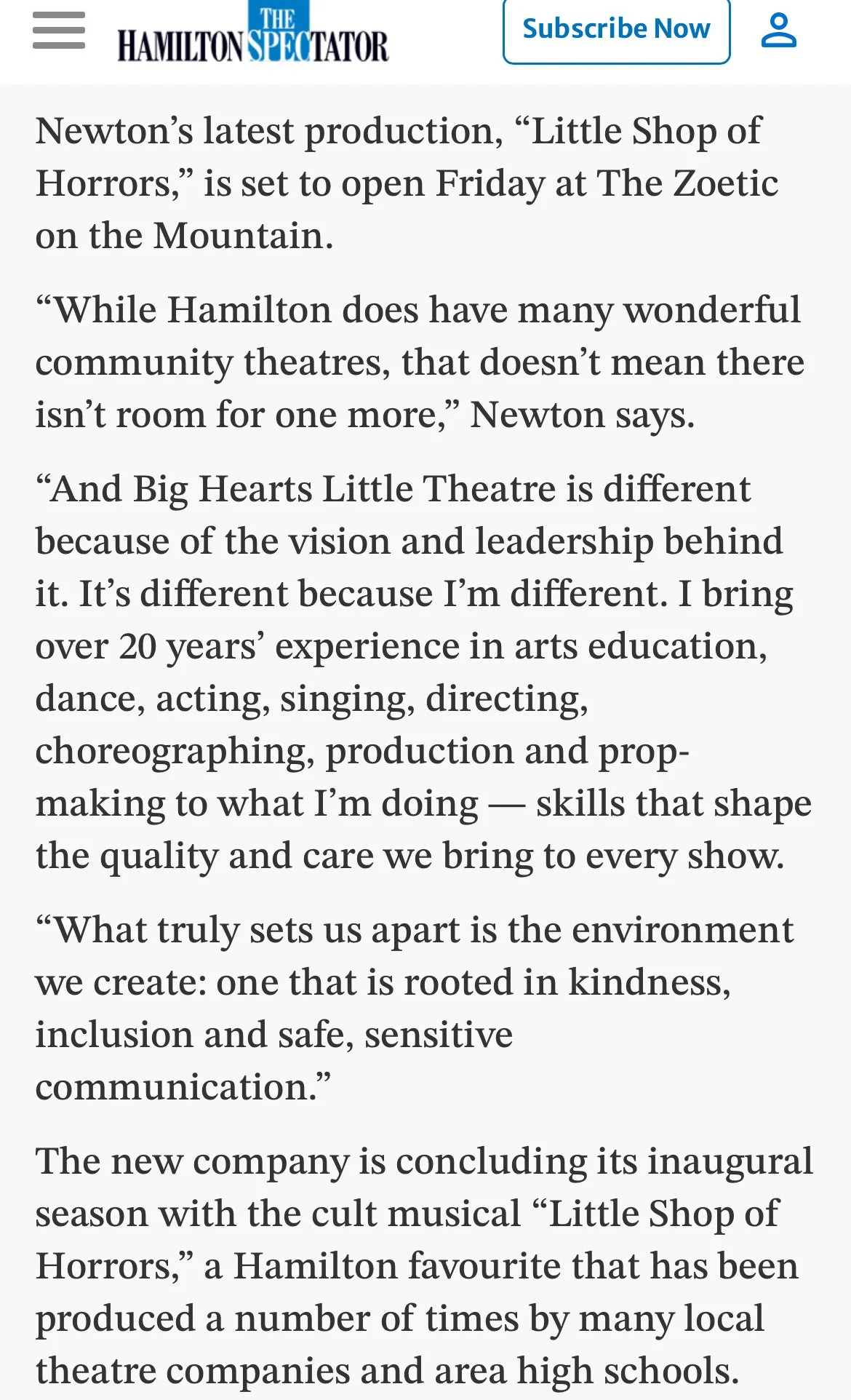 Screenshot of an online news article from Hamilton Spectator announcing the opening of the musical 'Little Shop of Horrors' at The Zoetic on the Mountain, featuring quotes from Newton and Big Hearts Little Theatre about their community theater work and experience.
