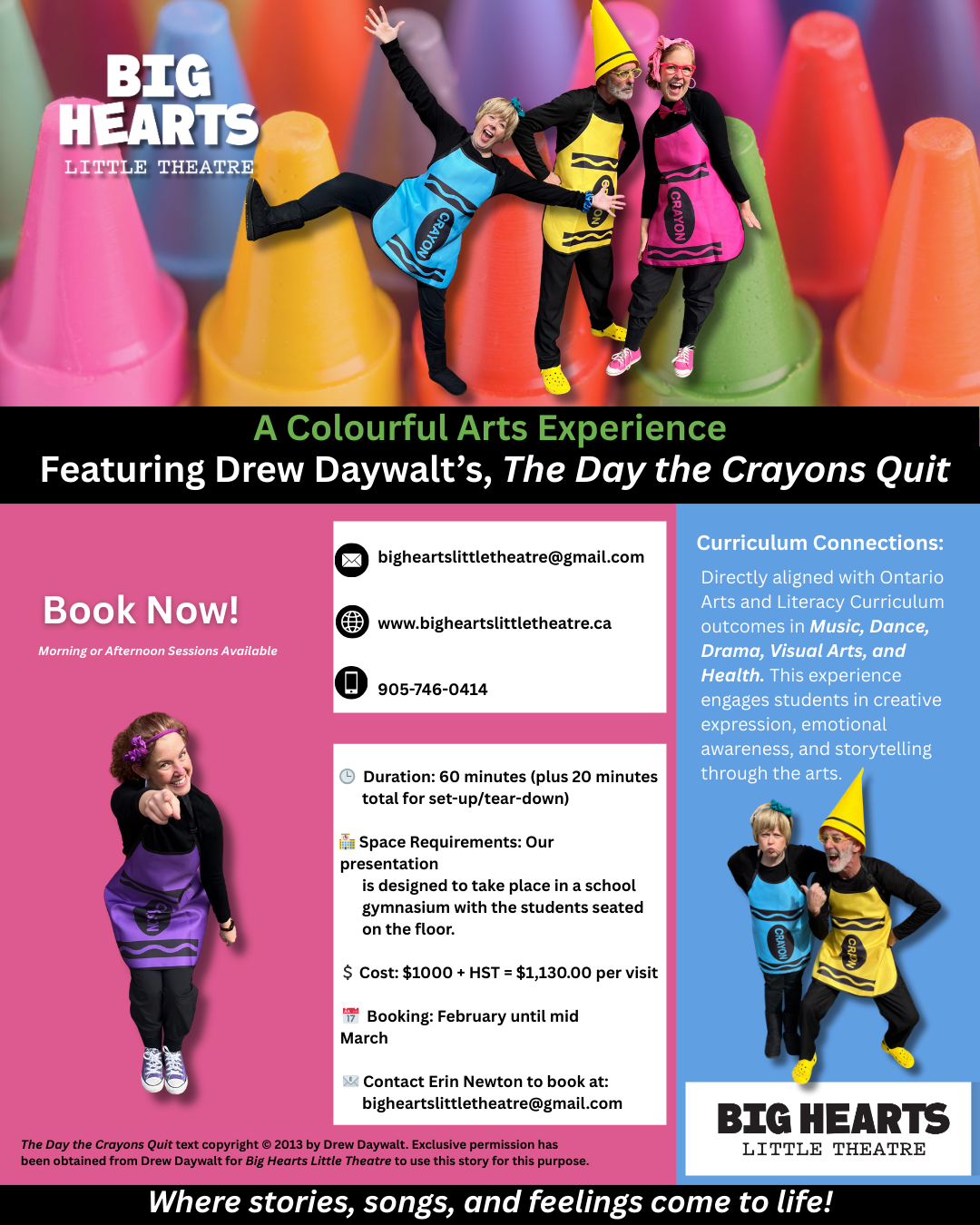 Colorful poster advertising a children's arts experience called 'The Day the Crayons Quit' by Drew Daywalt, featuring children in bright costumes against a background of large crayon images.