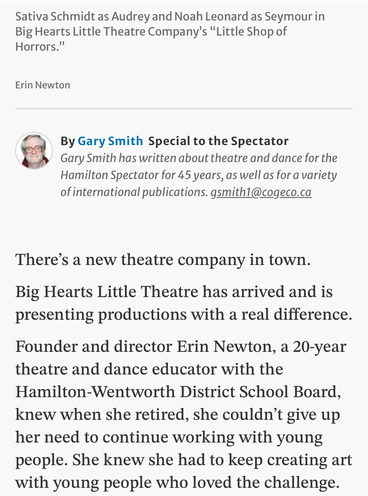 Excerpt from an article about a new theater company in town, Big Hearts Little Theatre, with a photo of Erin Newton, the founder and director.