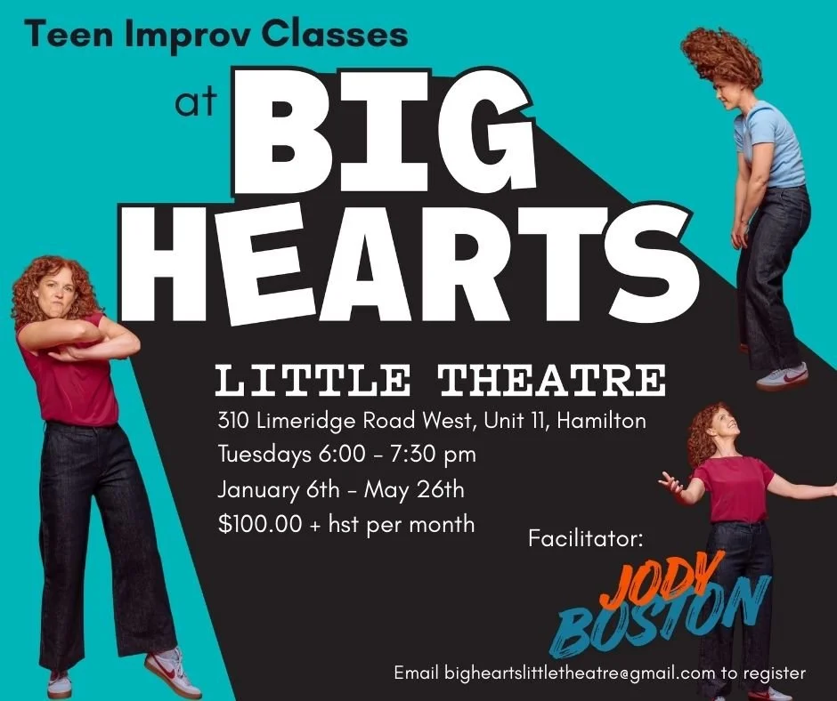 Poster advertising Teen Improv Classes at Big Hearts Little Theatre featuring two women with red curly hair, one in a red shirt, arms crossed, and another in a blue shirt, looking downward and to the side. Details about the class location, schedule, cost, and facilitator Jody Boston are included.