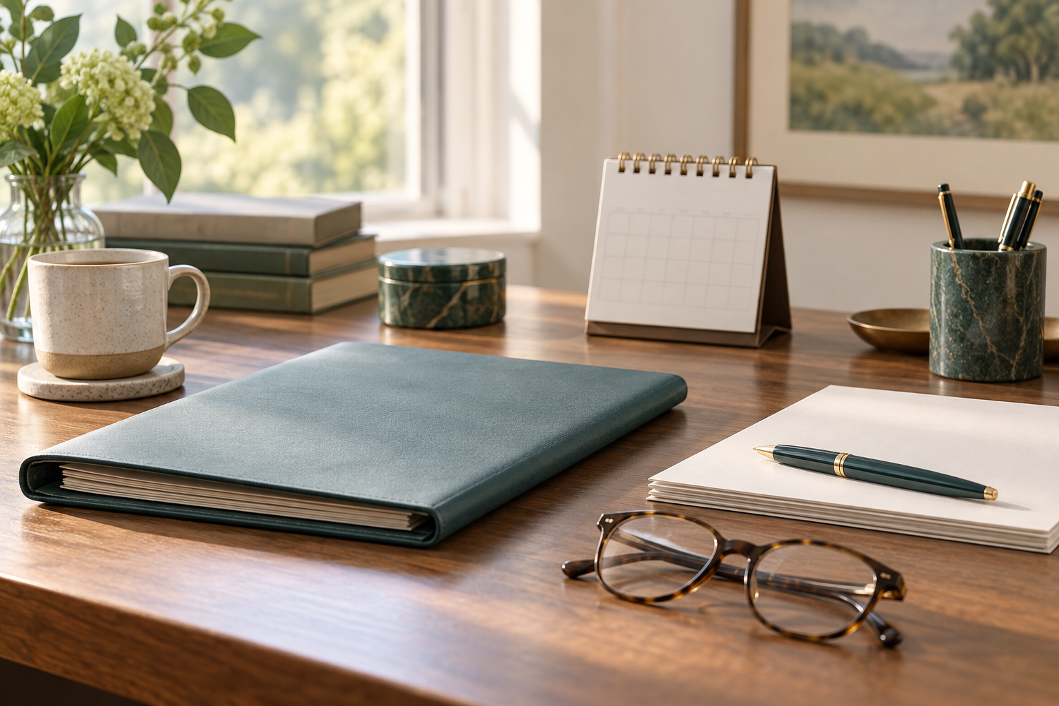Organized papers and notebook on a desk for estate administration