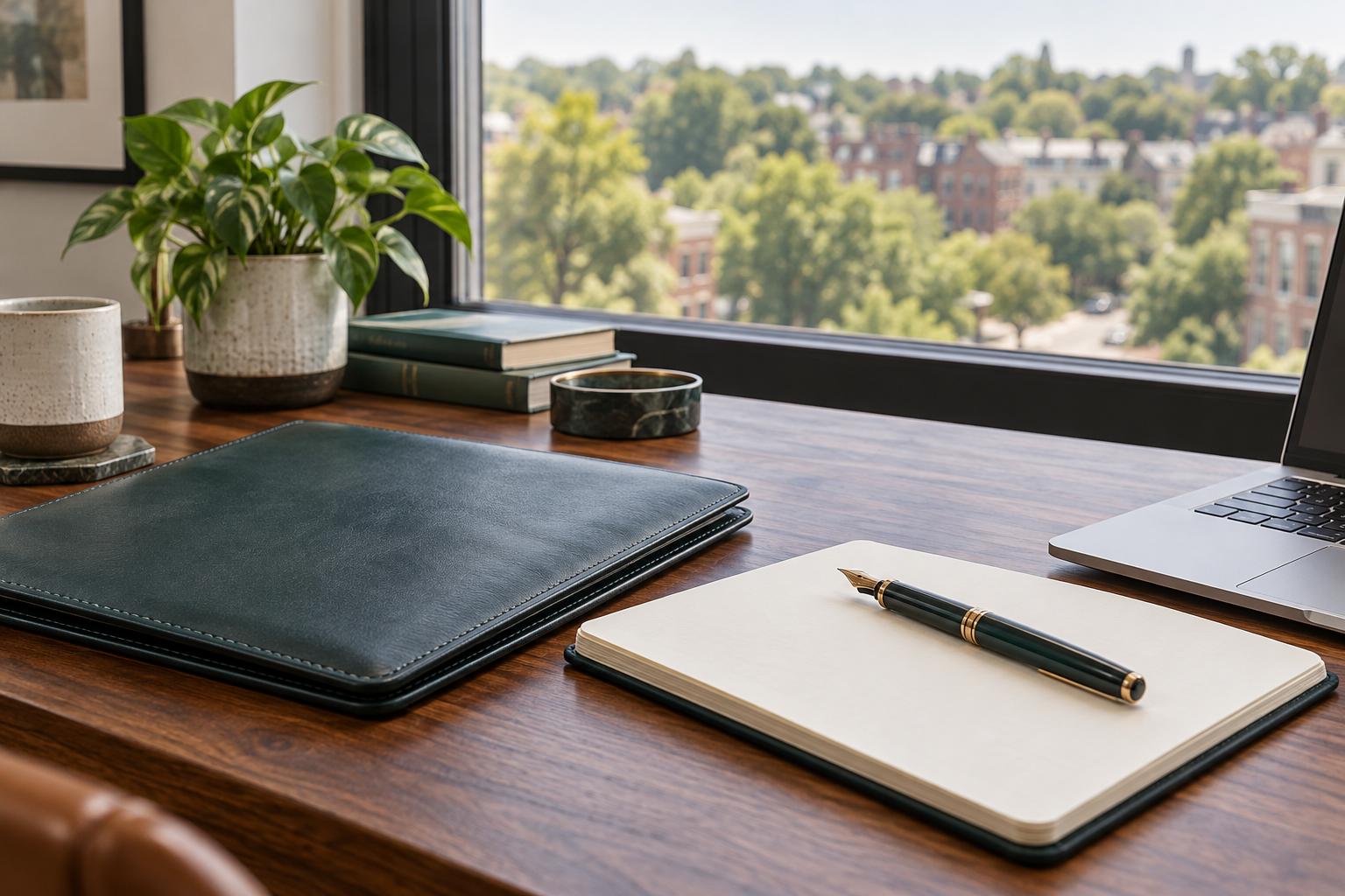 Small business workspace with a notebook, pen, and portfolio