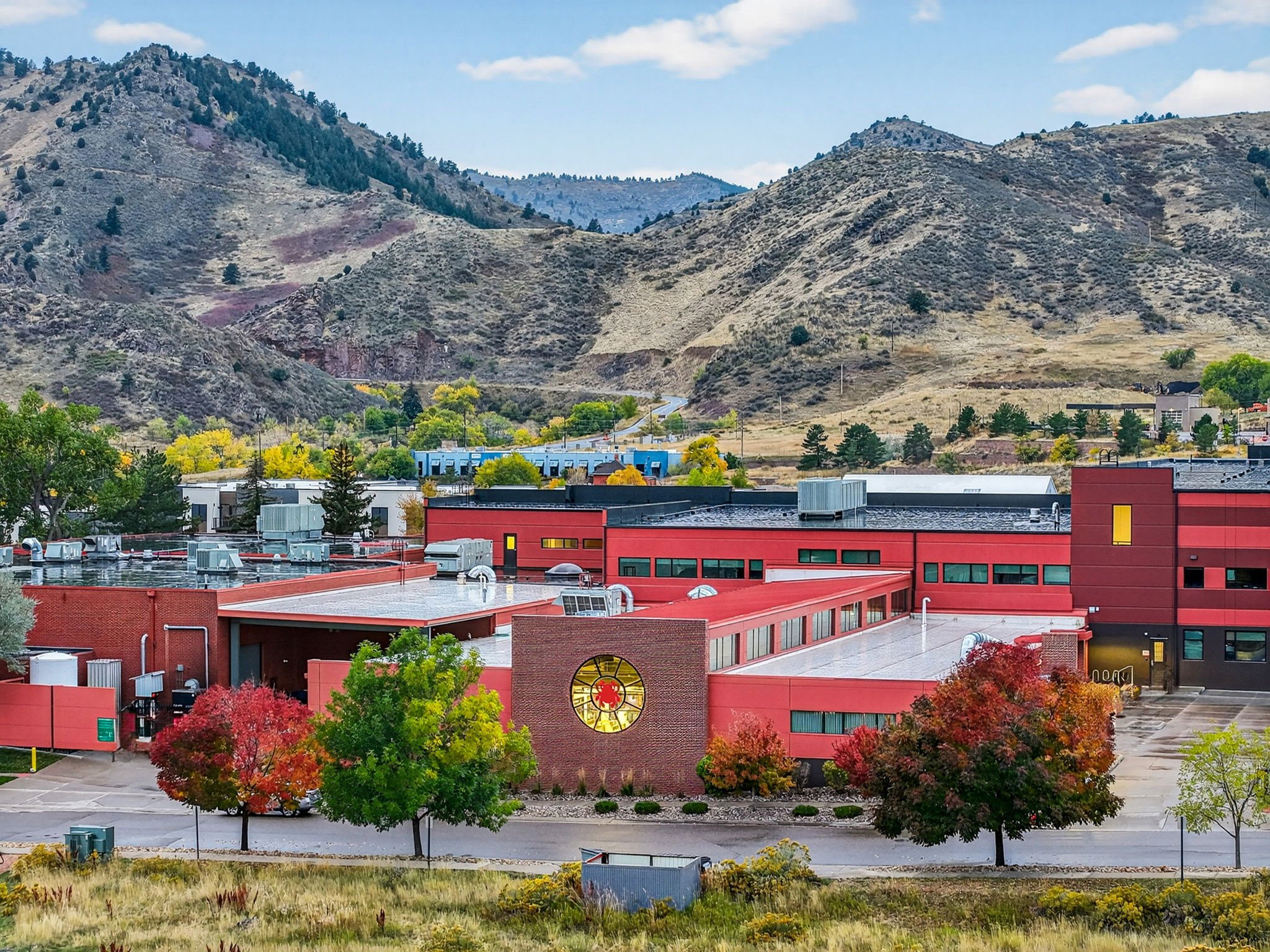 Spyderco: This aerial view from the East showcases the beautiful mountain context in which the building sits.  Spyderco is proud to make American made knives right here in Golden, CO.