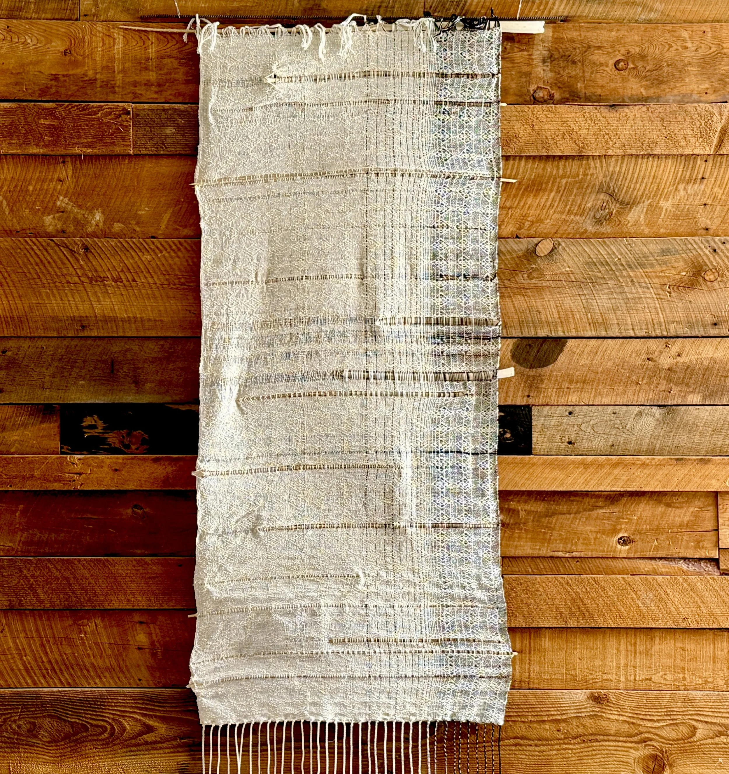 “Plant Prototype I,” 7 feet x 30 inches, Cotton fiber and desiccated aloe stalks, 2025.