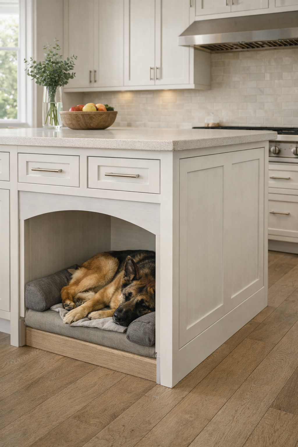 Custom built-in dog bed integrated into a luxury kitchen island, blending pet-friendly function with refined residential design.