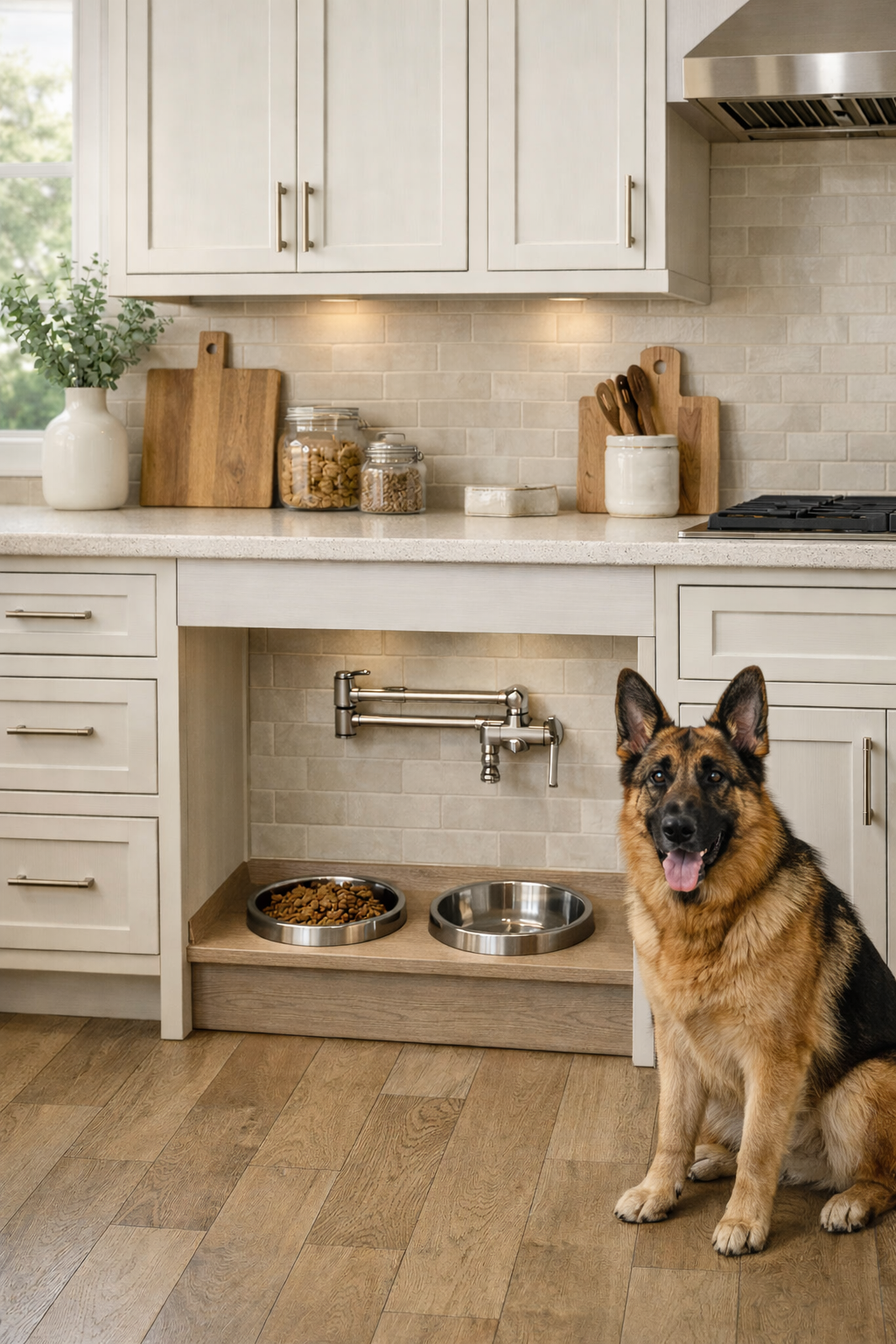 Custom built-in dog feeding station with integrated water faucet in a luxury residential kitchen designed for refined, pet-friendly living.