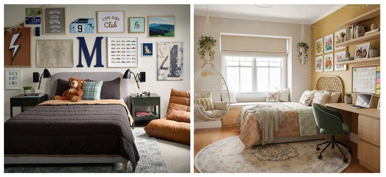Family-friendly kids bedrooms with built-in study areas, layered bedding, gallery wall art, and functional storage.