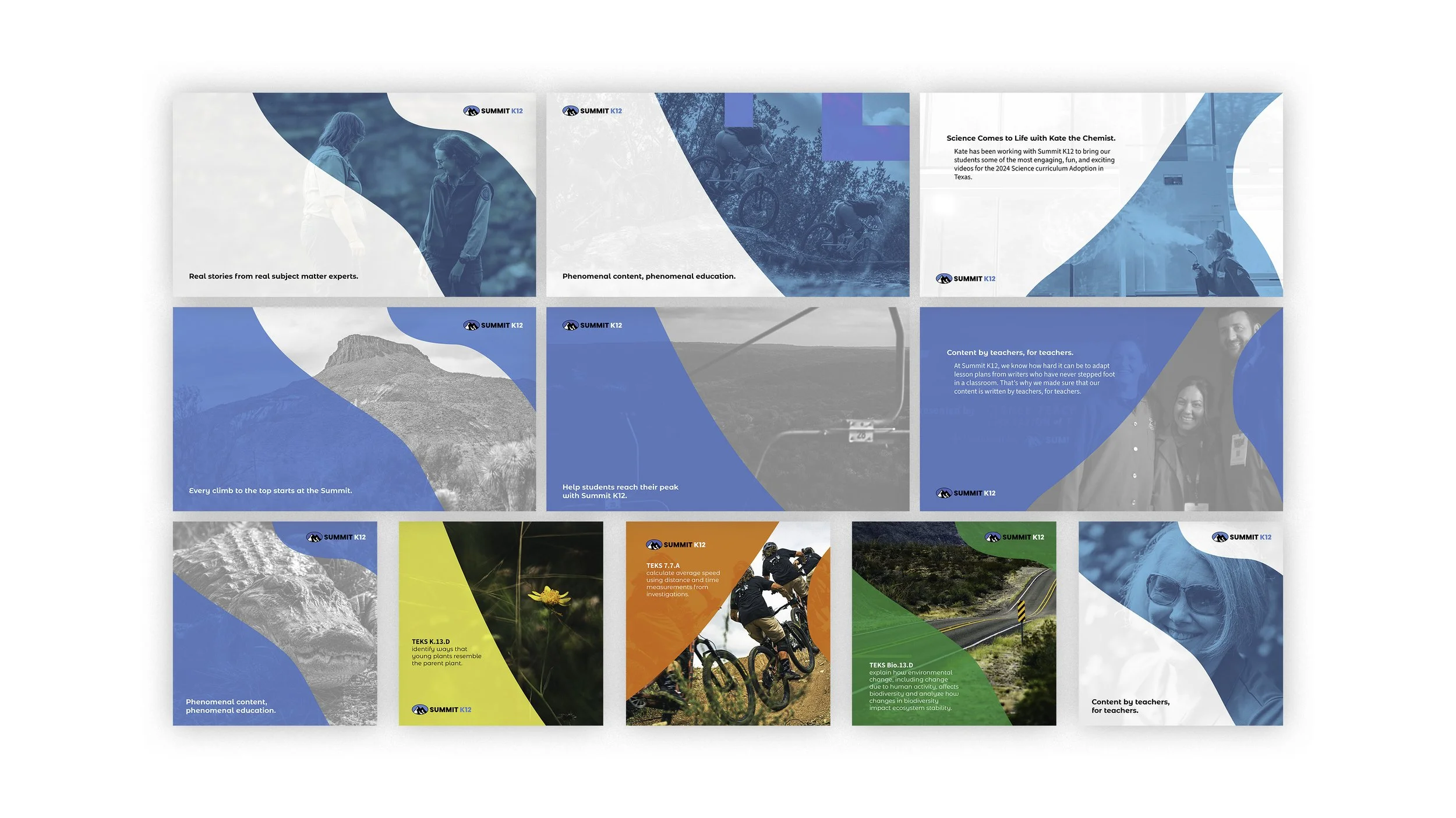 All the templates side by side. The shapes, color, and content are infinitely swappable allowing us a templated, cohesive solution to a non-static creative problem.