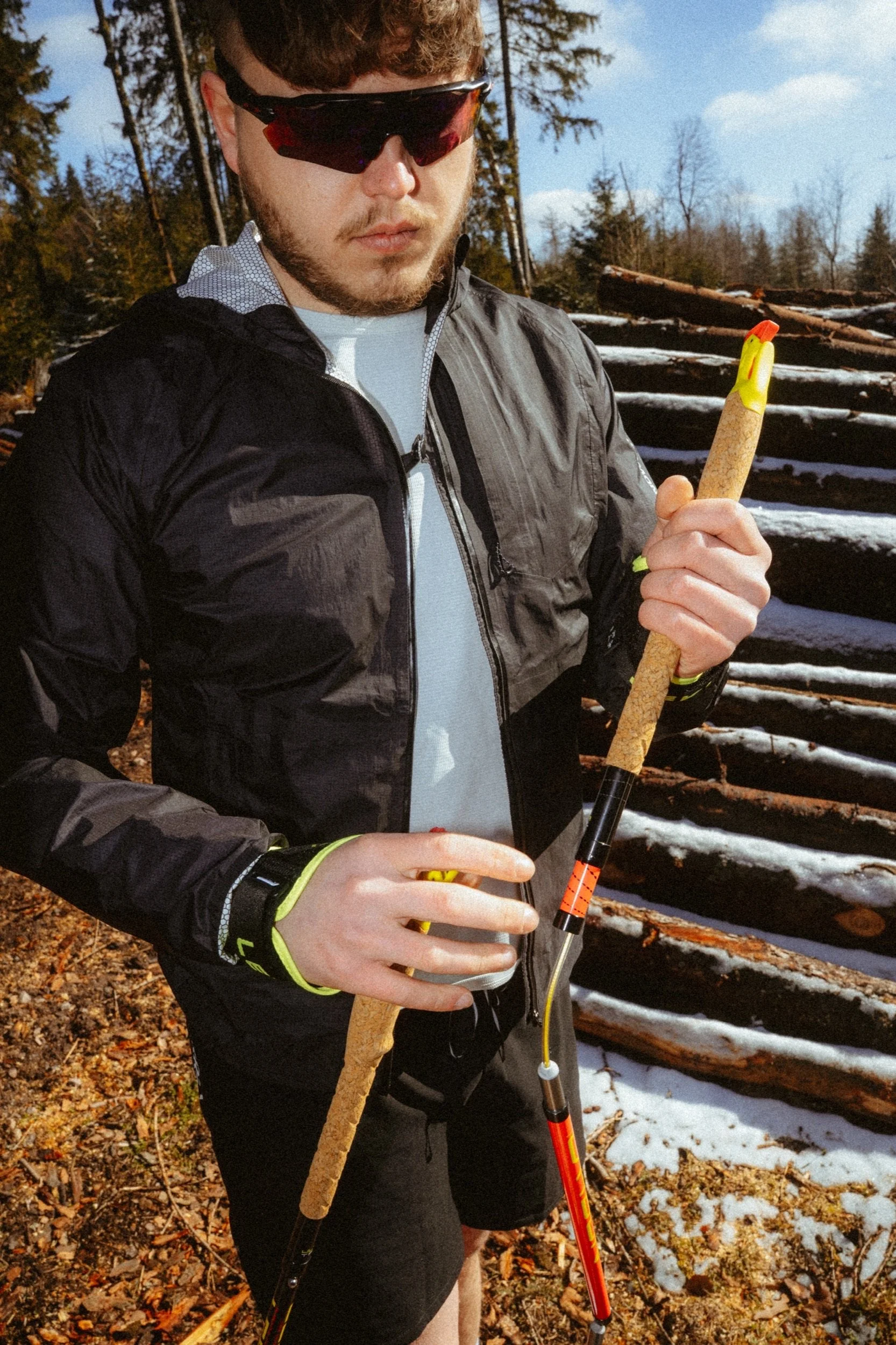 Getting ready for a trail run with Leki poles, flash photography in the Thuringian Forest, Germany