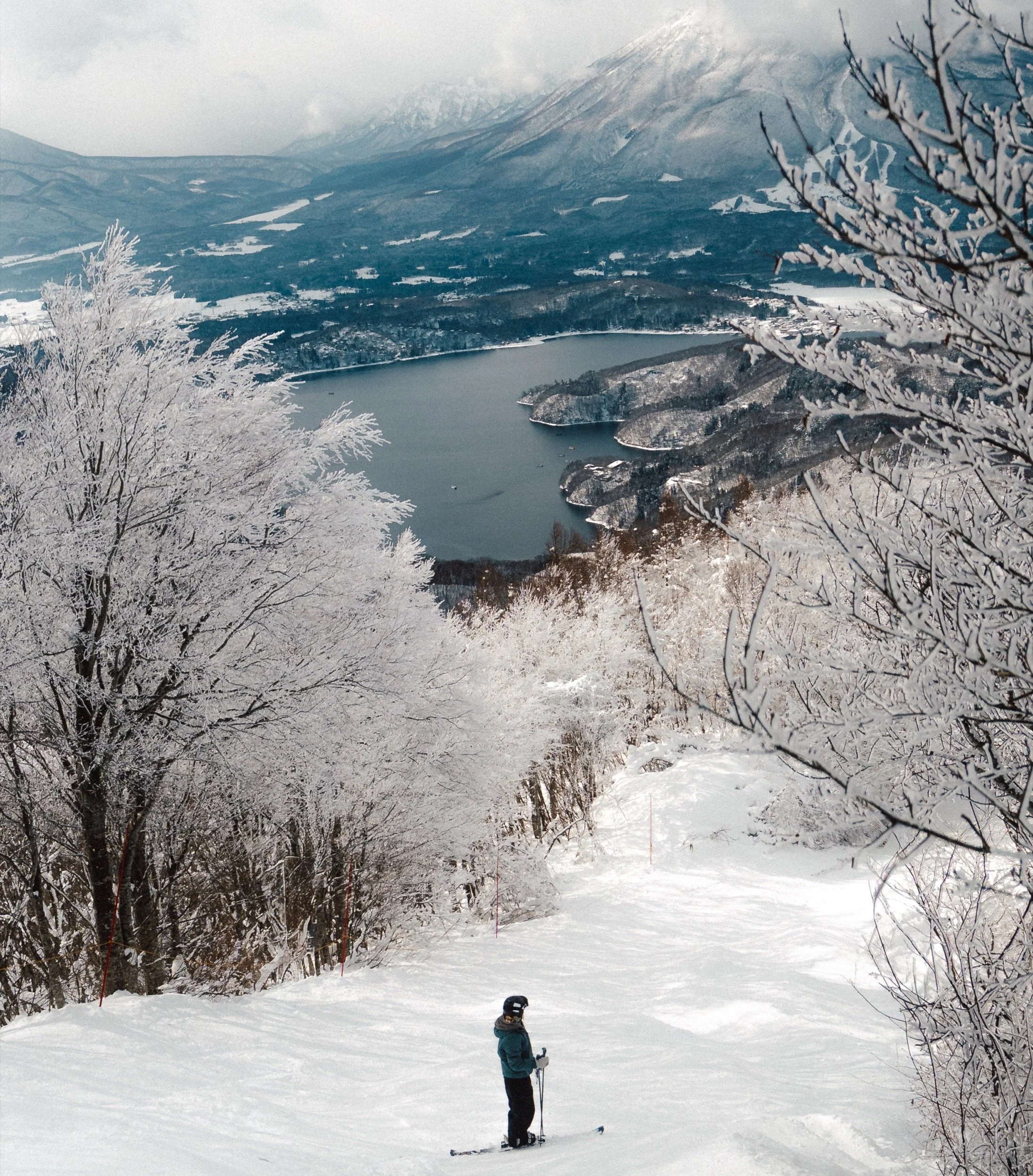 Skier looking out over the Myoko mountains and Lake Nojiri, Japan