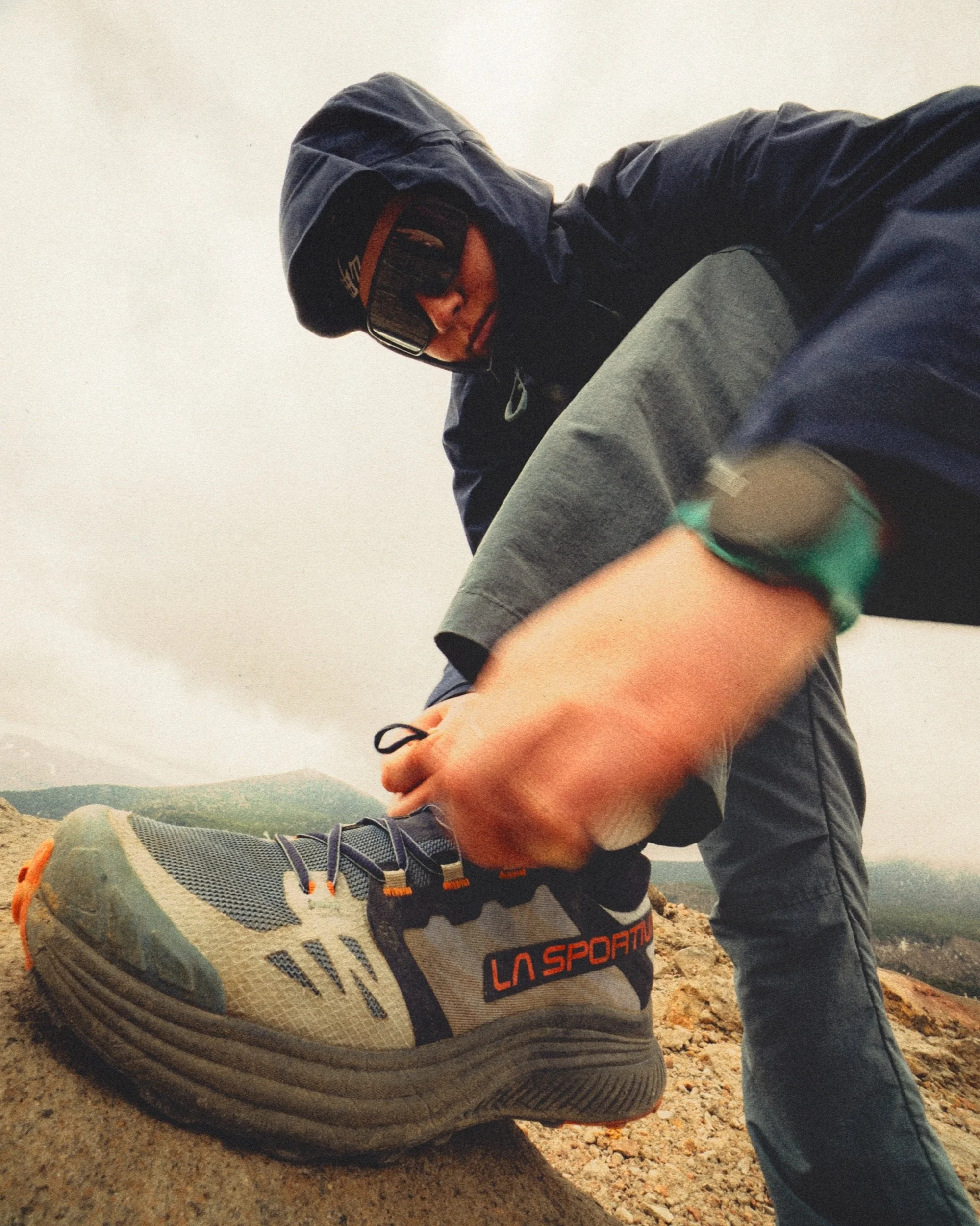 Hiking boots by La Sportiva, fisheye close-up at the crater of Mount Azuma-Kofuji, Bandai-Asahi National Park, Japan