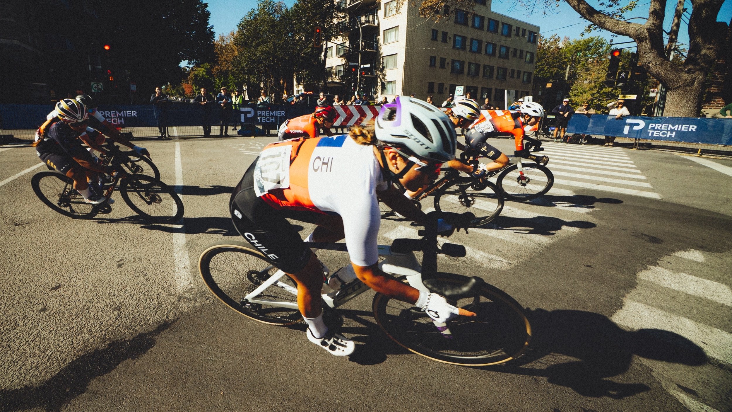 Chilean junior rider cornering, fisheye shot at the UCI Road World Championships Montréal 2026