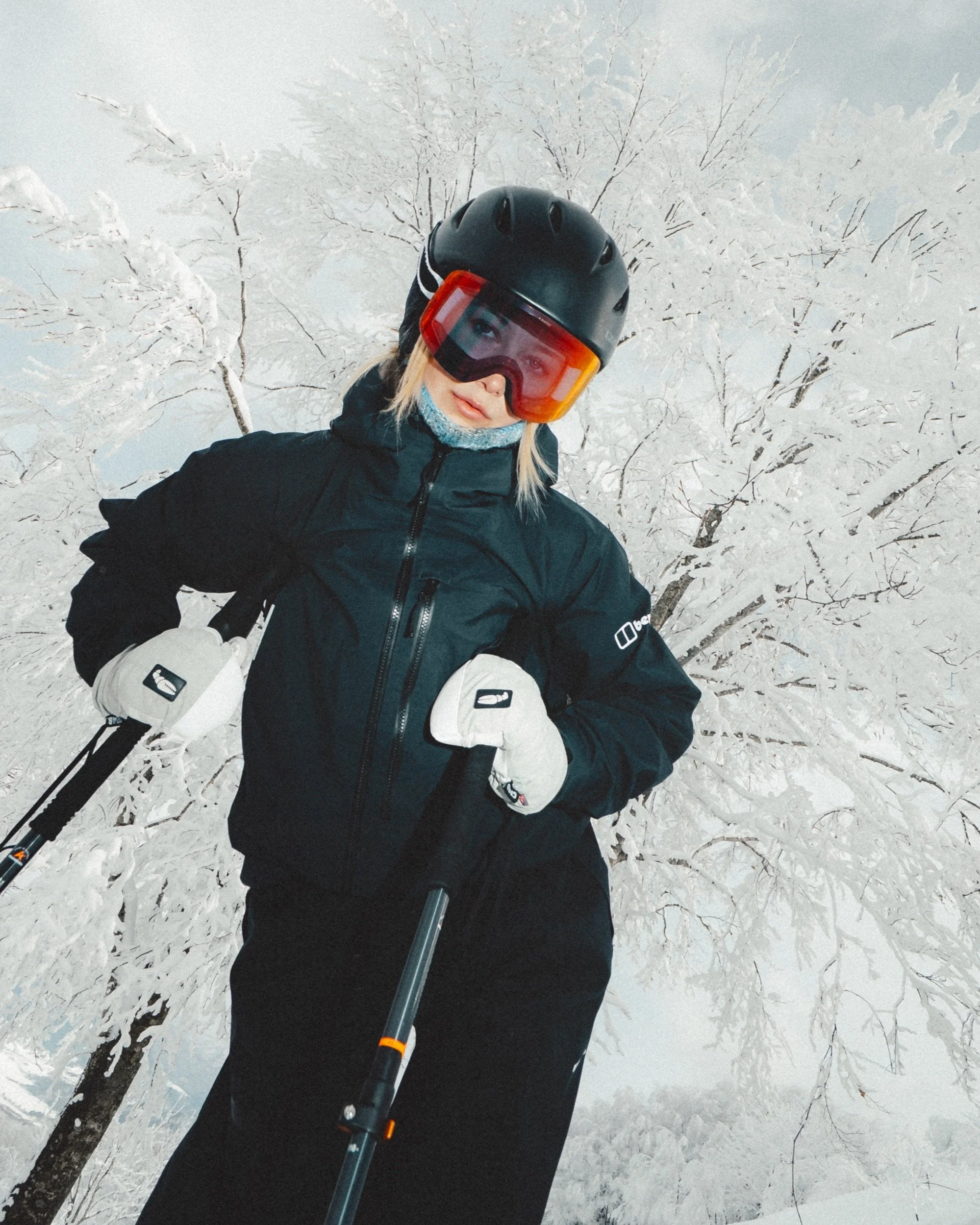Skier among snow-covered trees, tree skiing in Japan