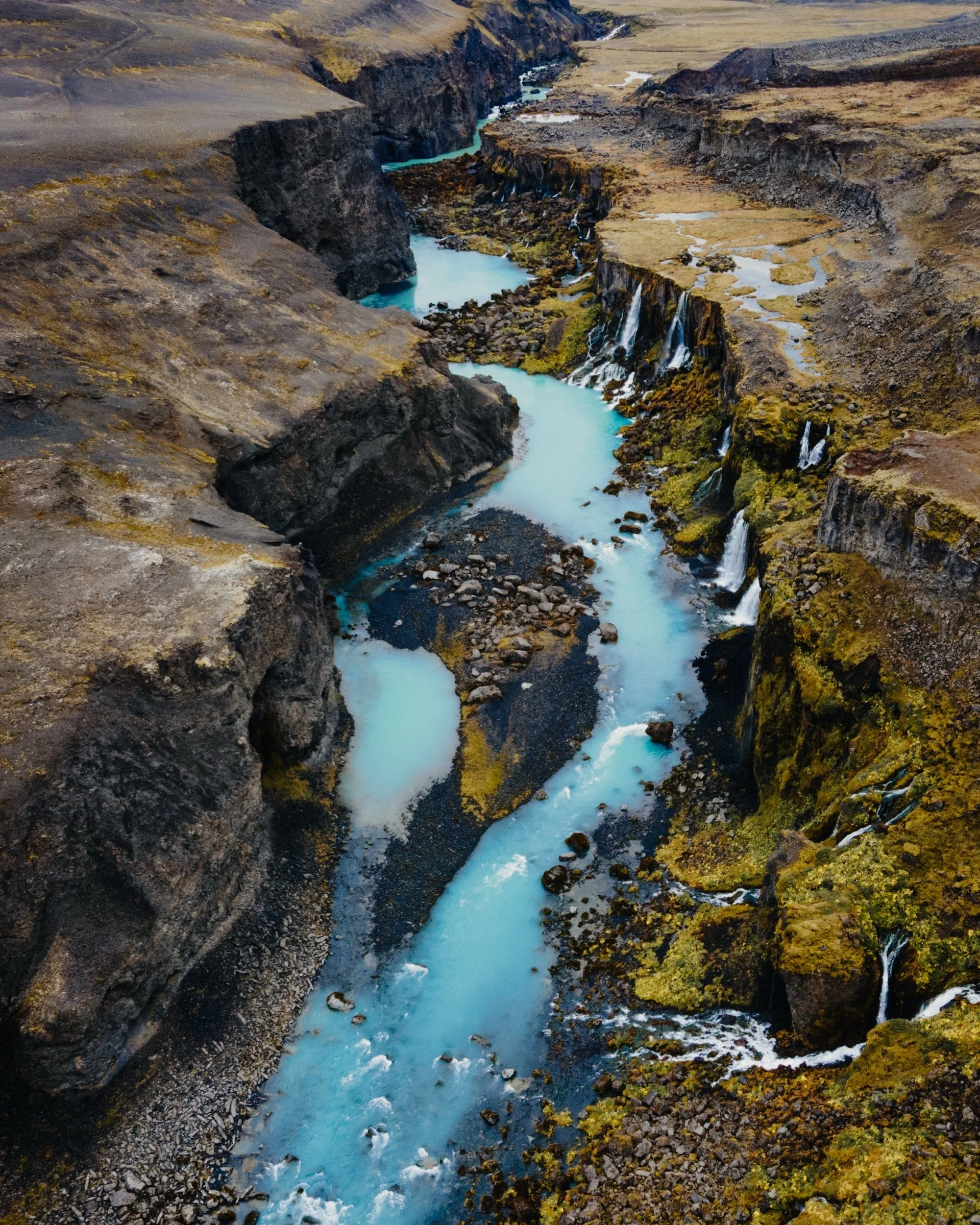 Aerial view of a glacial river cutting through volcanic land, Icelandic Highlands