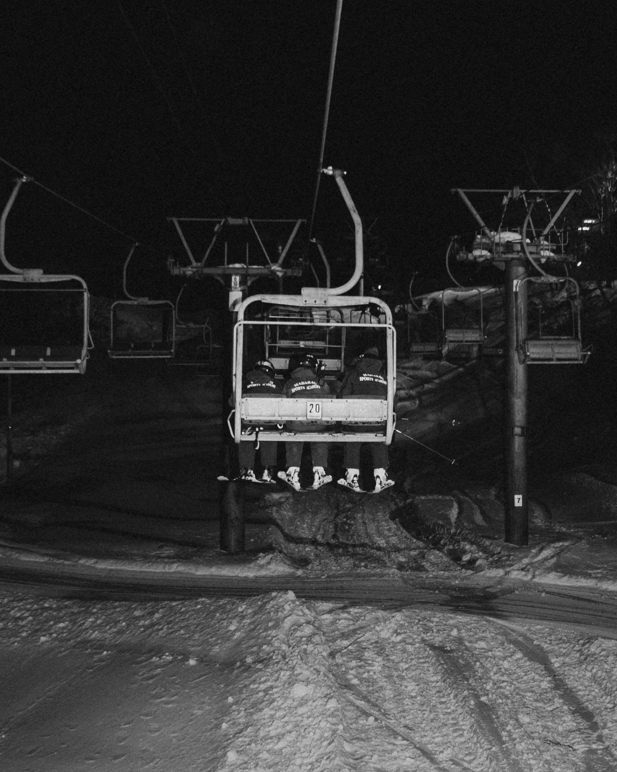 Chairlift ride at night, night skiing in Japan