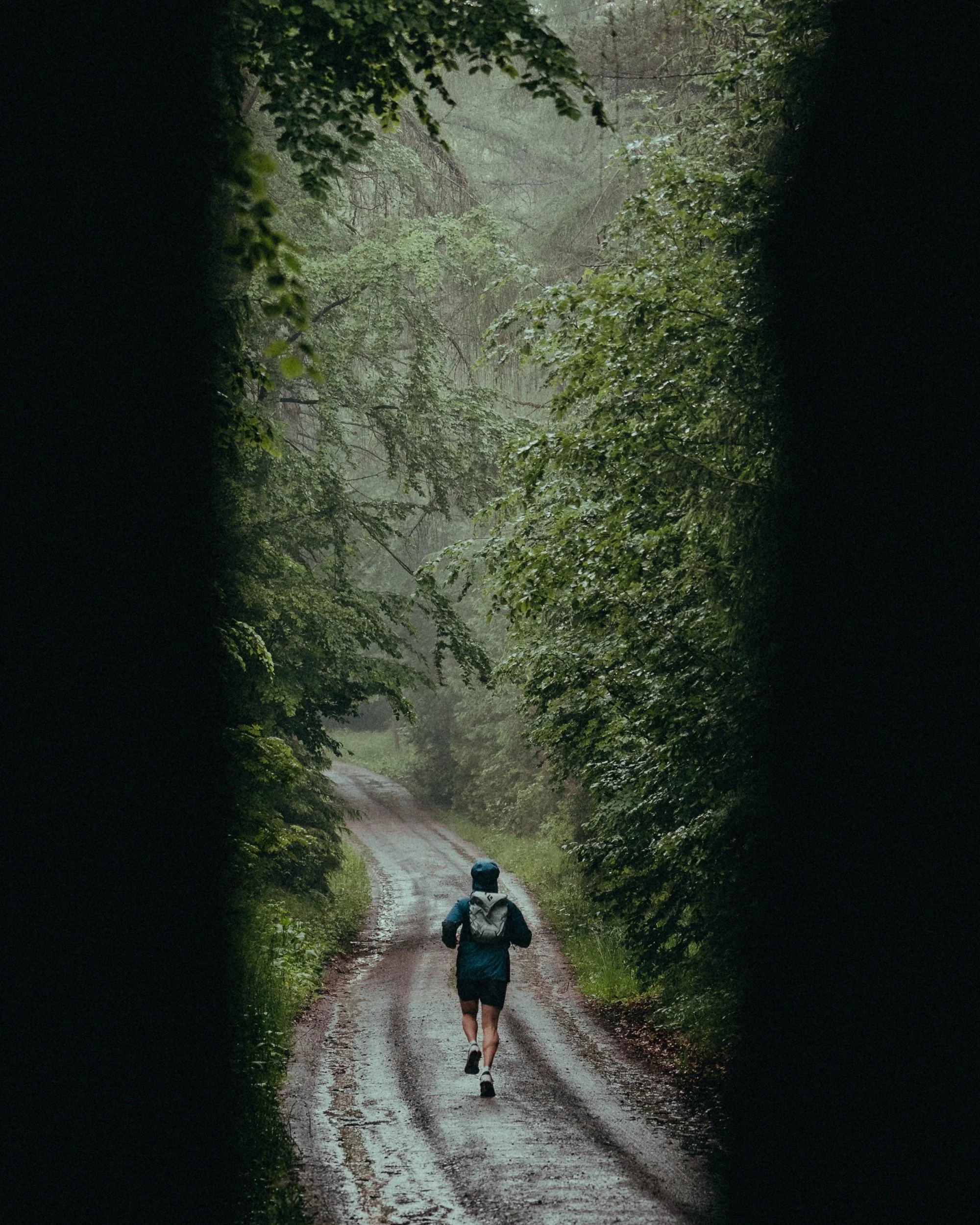 A person in a blue jacket, trail running on a muddy forest trail surrounded by dense green trees, with a foggy atmosphere. Thuringian Forrest, Germany