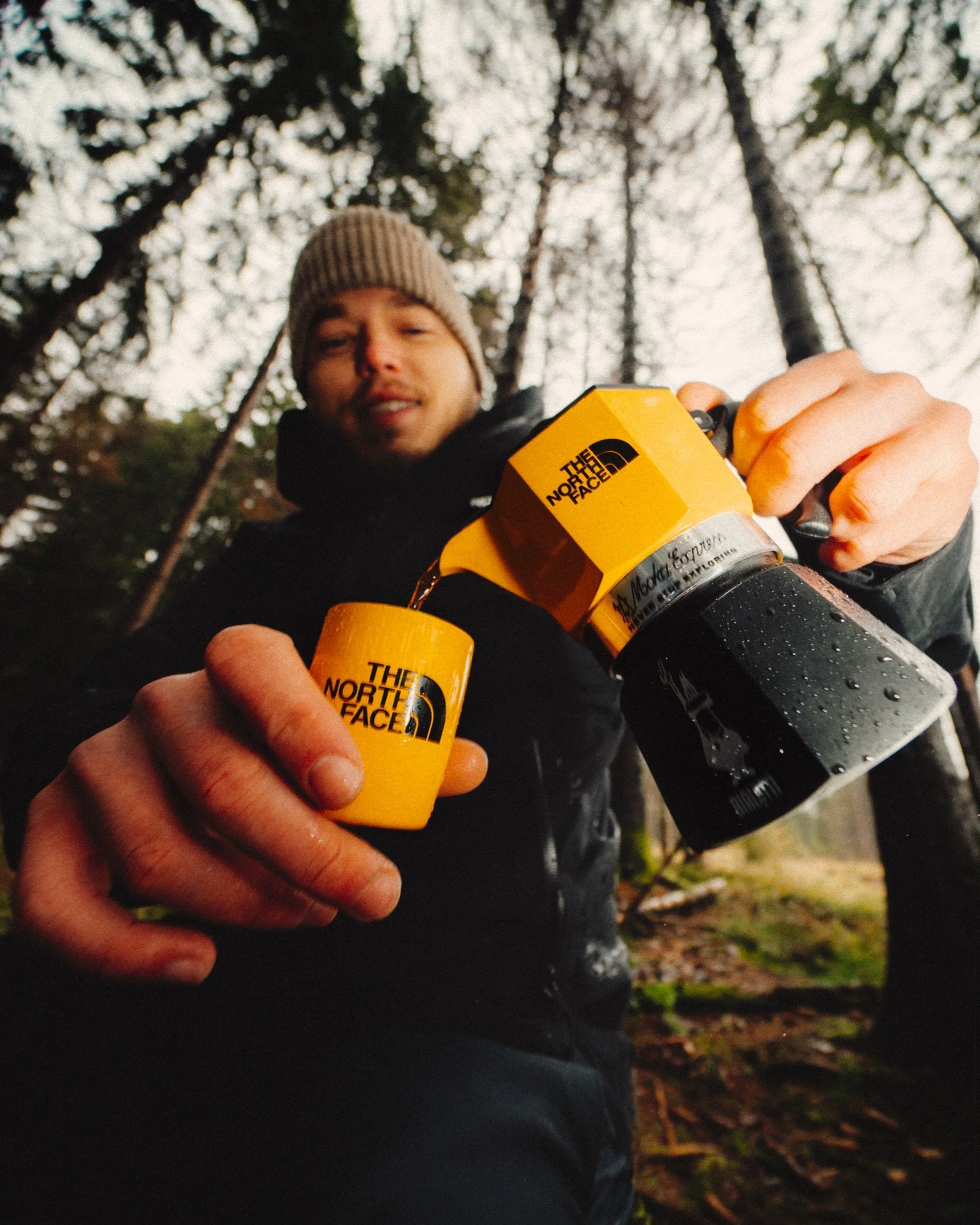 Coffee break in the forest with a Bialetti and The North Face mug, Thuringian Forest, Germany