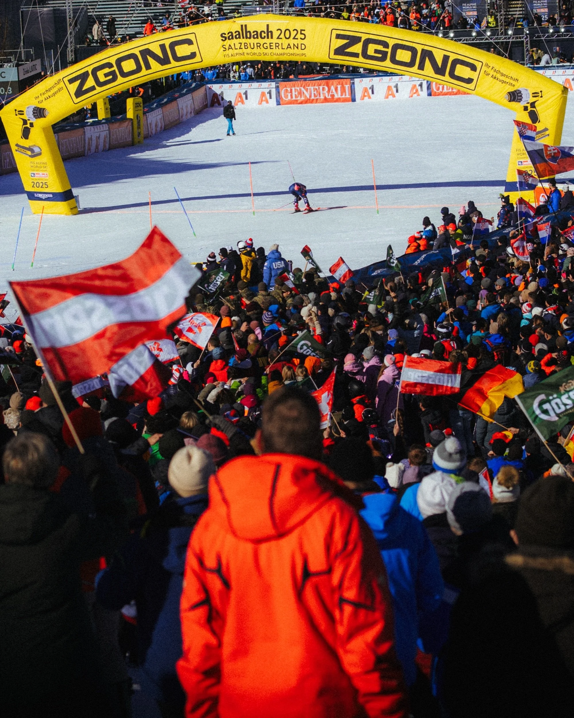 Zrinka Ljutić (Croatia) crossing the finish in the slalom at the FIS Alpine World Ski Championships, Saalbach 2025 — Ski-WM Saalbach 2025, ski racing photography by Antonia Bucklitsch