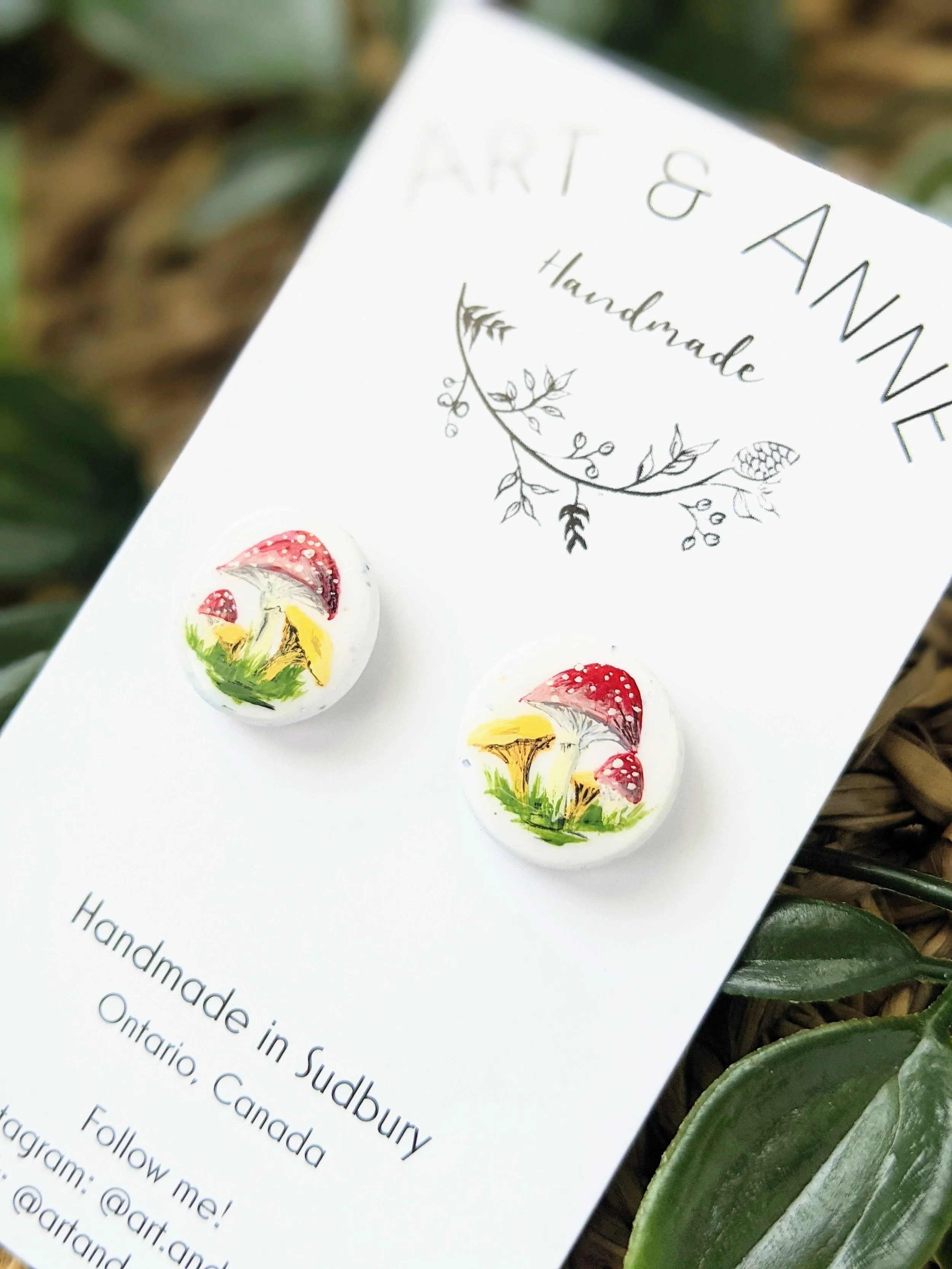 Custom hand-painted mushroom stud earrings (2021)