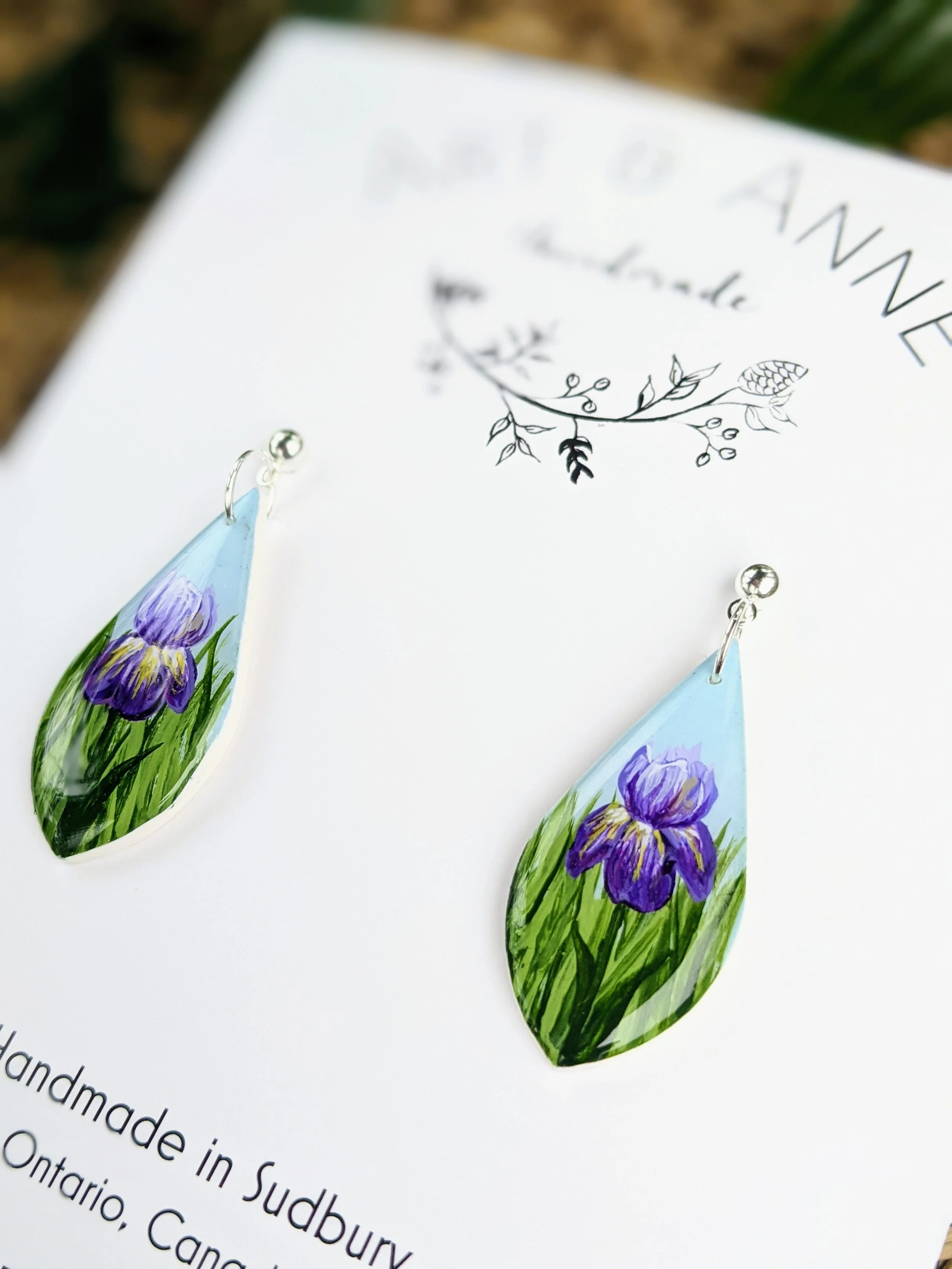 Custom hand-painted purple teardrop Iris earrings